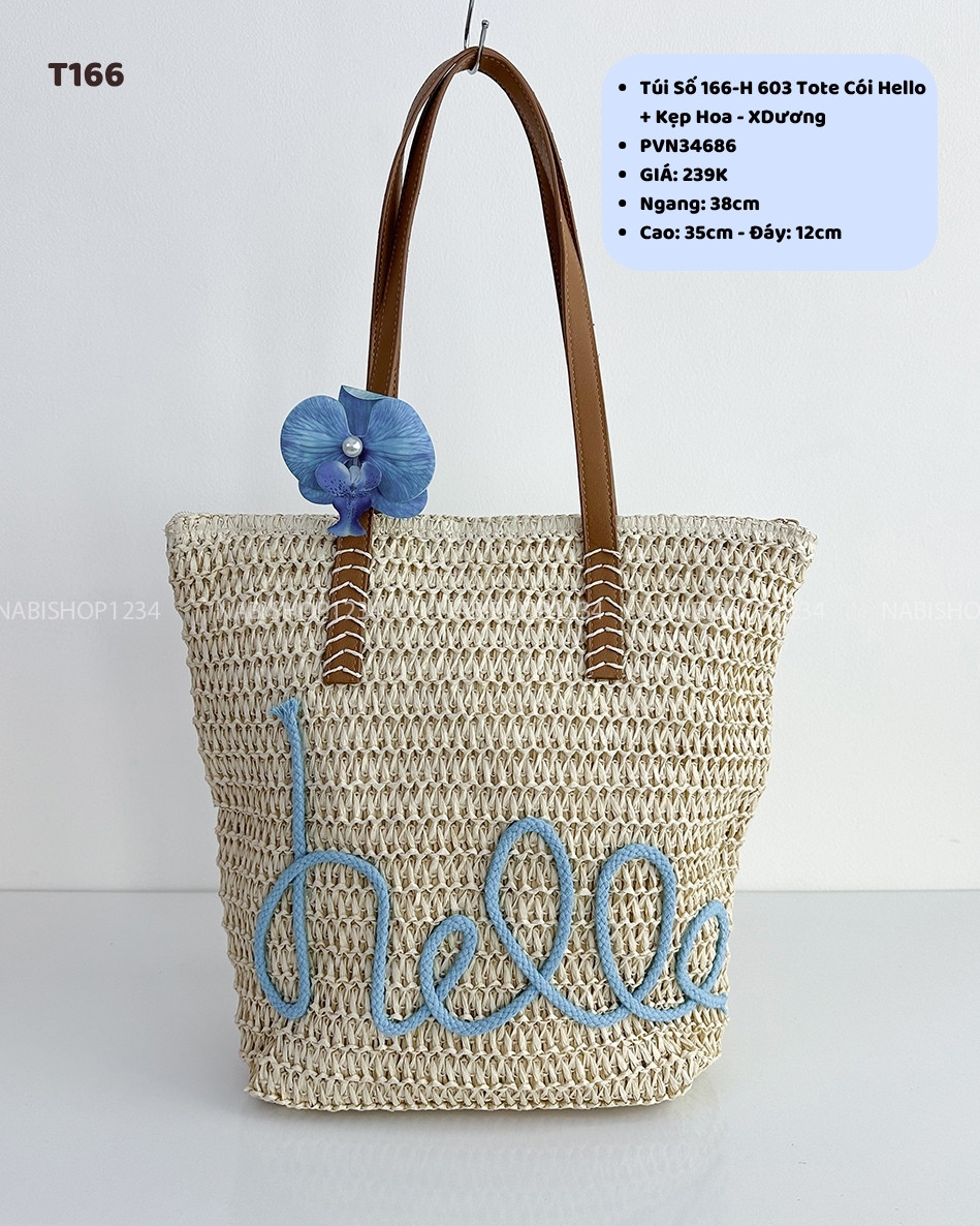 Túi Số 166-H 603 Tote Cói Hello + Kẹp Hoa