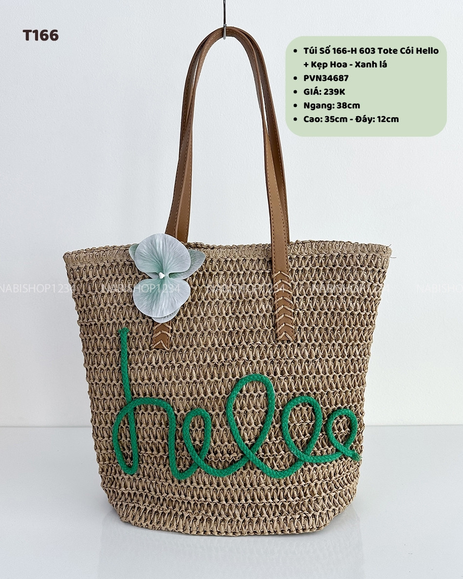 Túi Số 166-H 603 Tote Cói Hello + Kẹp Hoa