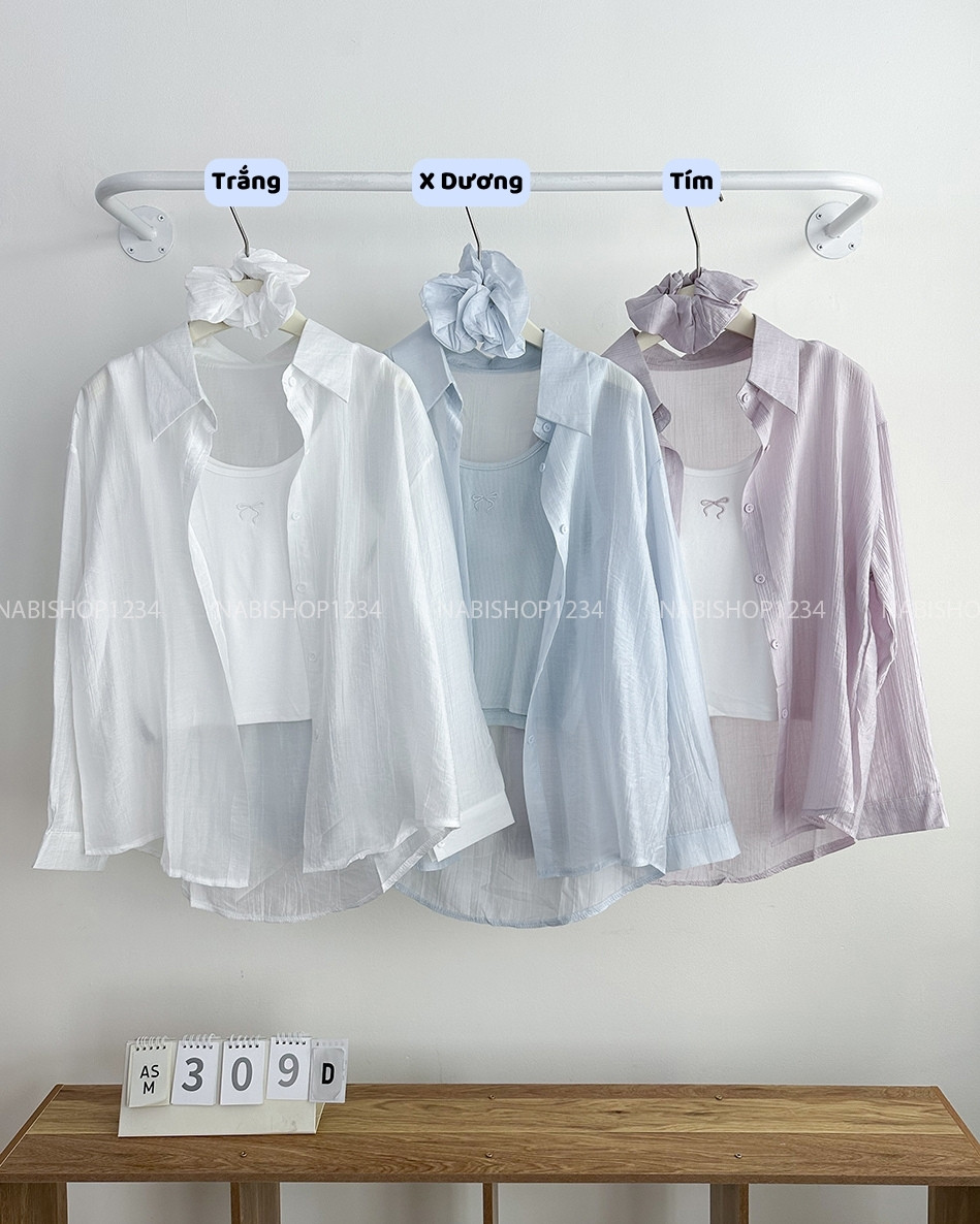 Áo Sơ Mi 309-D 3 Lỗ Thêu Nơ + Buộc Tóc