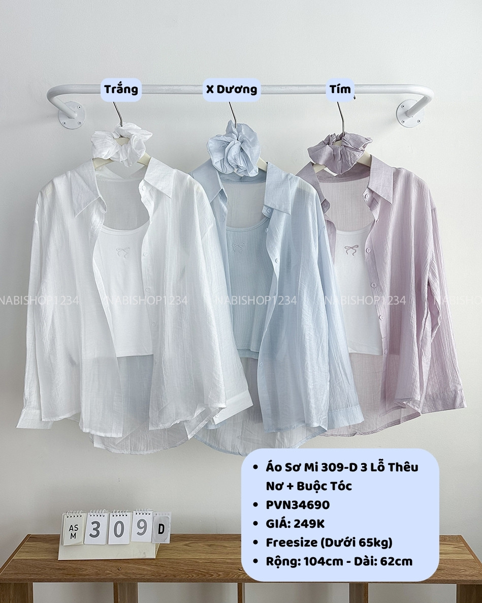 Áo Sơ Mi 309-D 3 Lỗ Thêu Nơ + Buộc Tóc