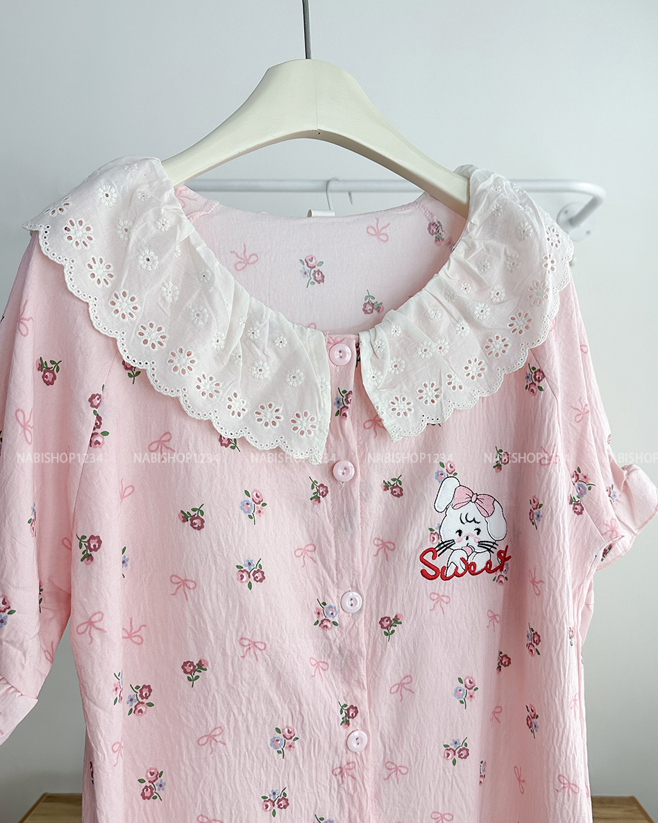 Đồ Ngủ Số 28-C Cổ Ren Thêu Thỏ 3 Món