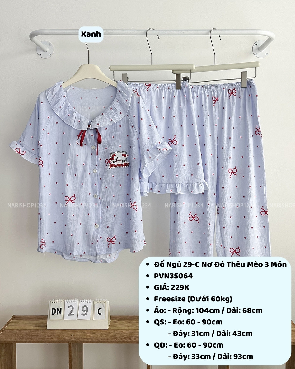 Đồ Ngủ Số 29-C Nơ Đỏ Thêu Mèo 3 Món