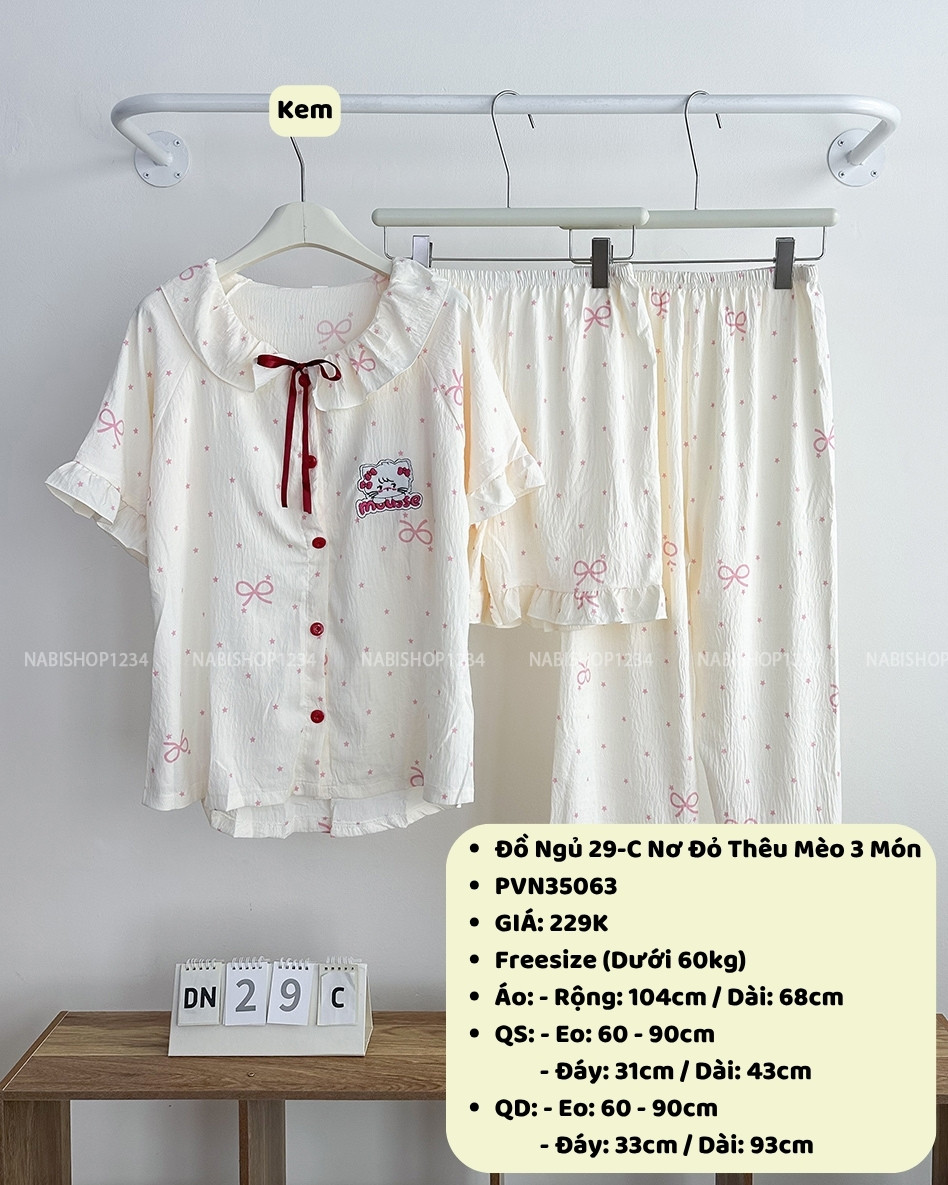 Đồ Ngủ Số 29-C Nơ Đỏ Thêu Mèo 3 Món