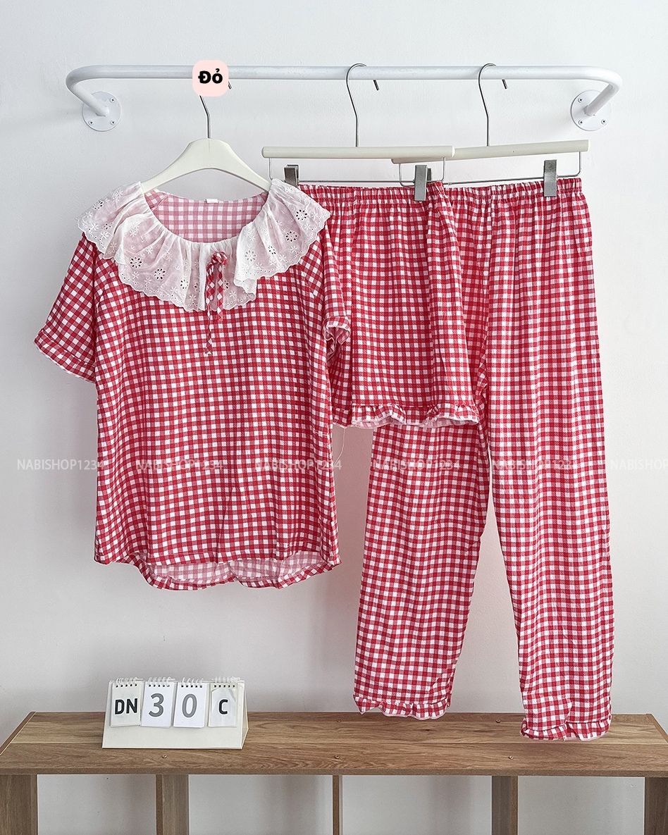 Đồ Ngủ Số 30-C Cổ Ren Caro 3 Món