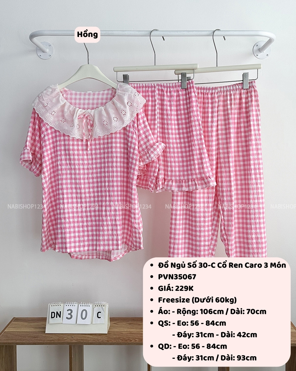 Đồ Ngủ Số 30-C Cổ Ren Caro 3 Món