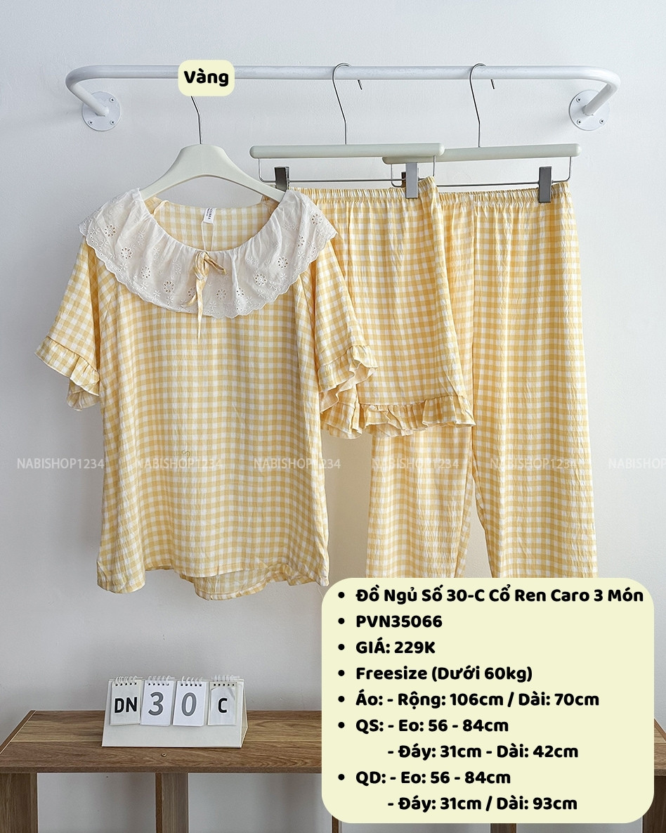 Đồ Ngủ Số 30-C Cổ Ren Caro 3 Món