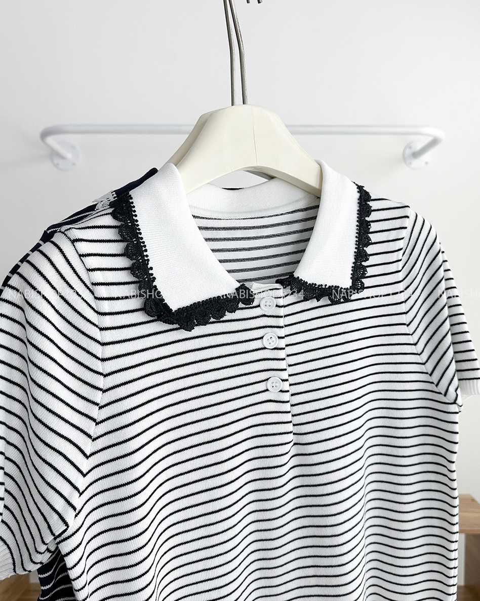 Áo Len Số 114-B Polo Viền Ren Kẻ