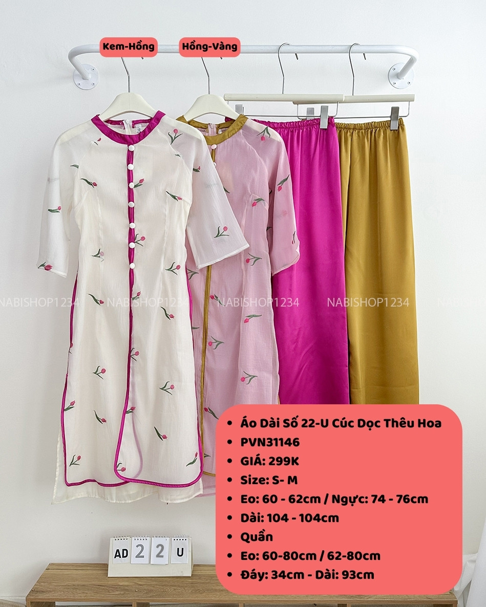 Áo Dài Số 22-U Cúc Dọc Thêu Hoa