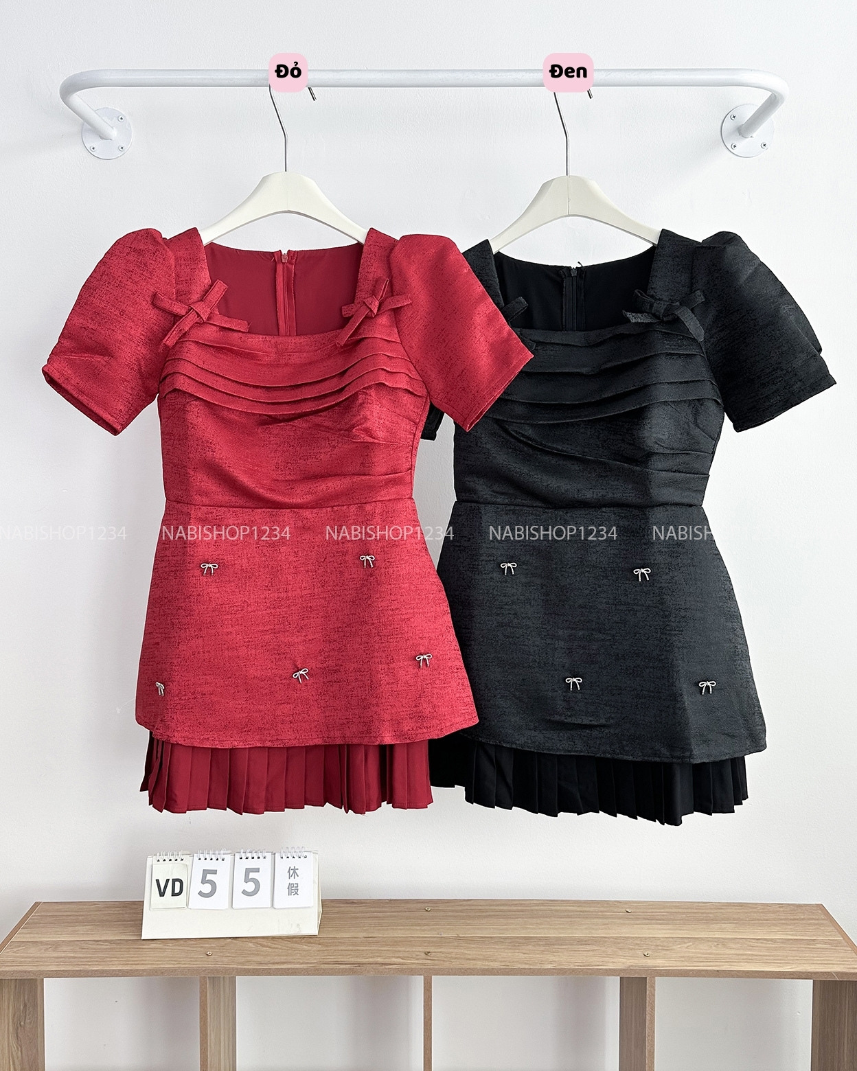 (S20%) Váy Số 55- X Xếp Ngực Đính Nơ 68/75