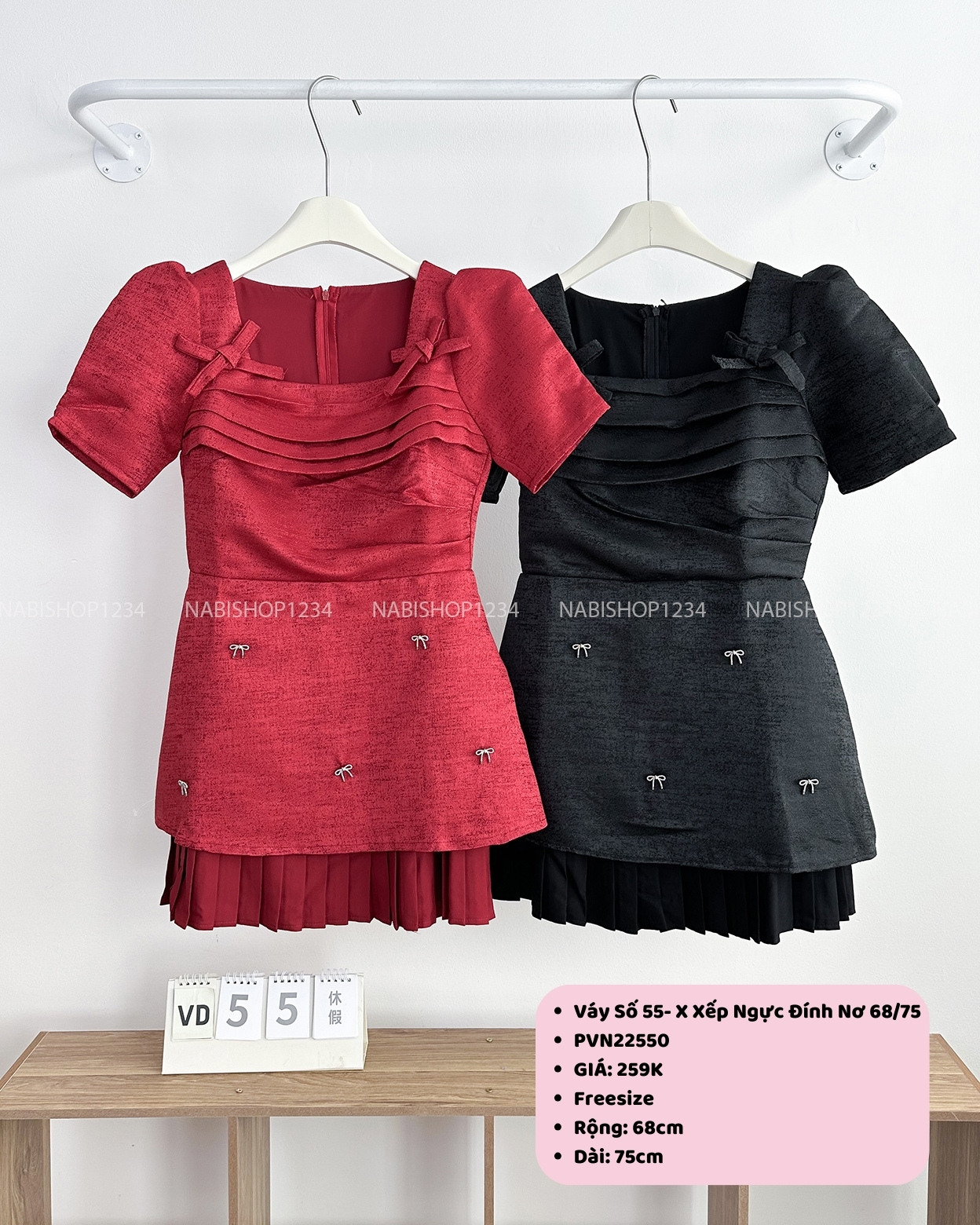 (S20%) Váy Số 55- X Xếp Ngực Đính Nơ 68/75