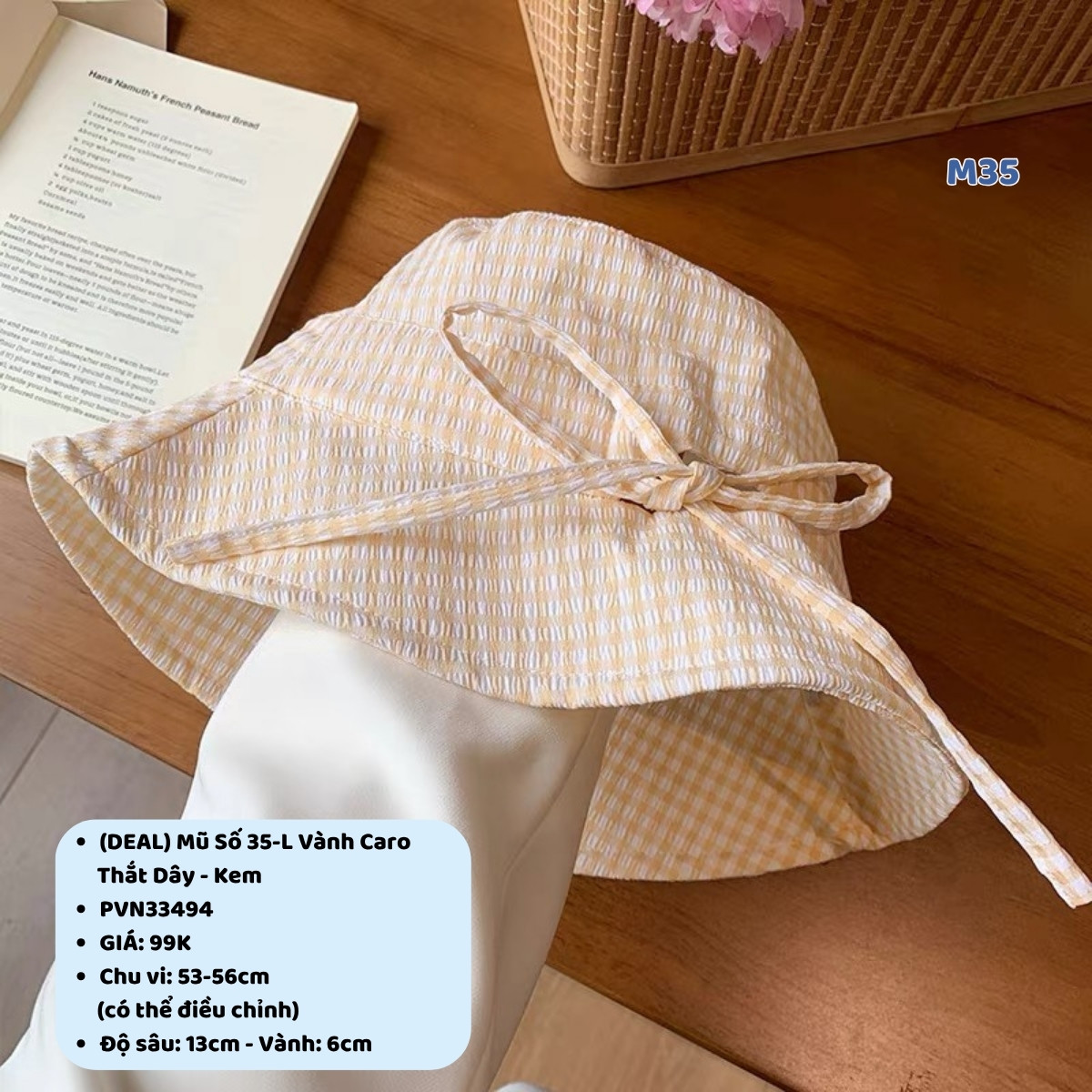 (DEAL) Mũ Số 35-L Vành Caro Thắt Dây