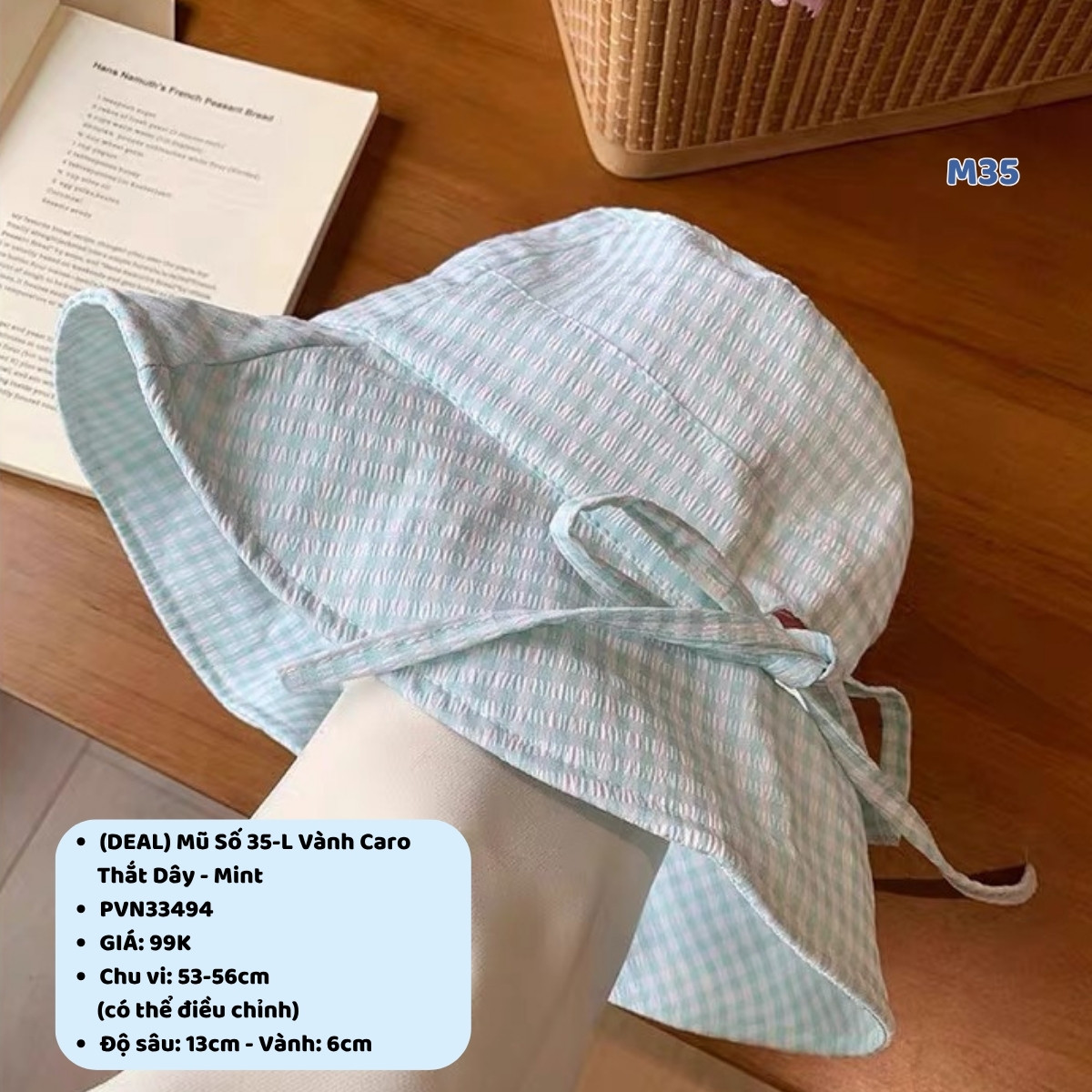 (DEAL) Mũ Số 35-L Vành Caro Thắt Dây