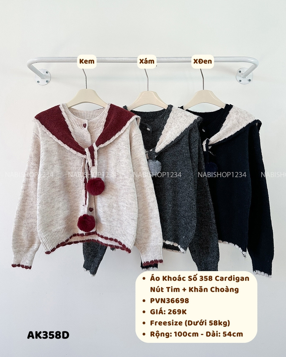 (G30K) Áo Khoác Số 358-D Cardigan Nút Tim + Khăn Choàng