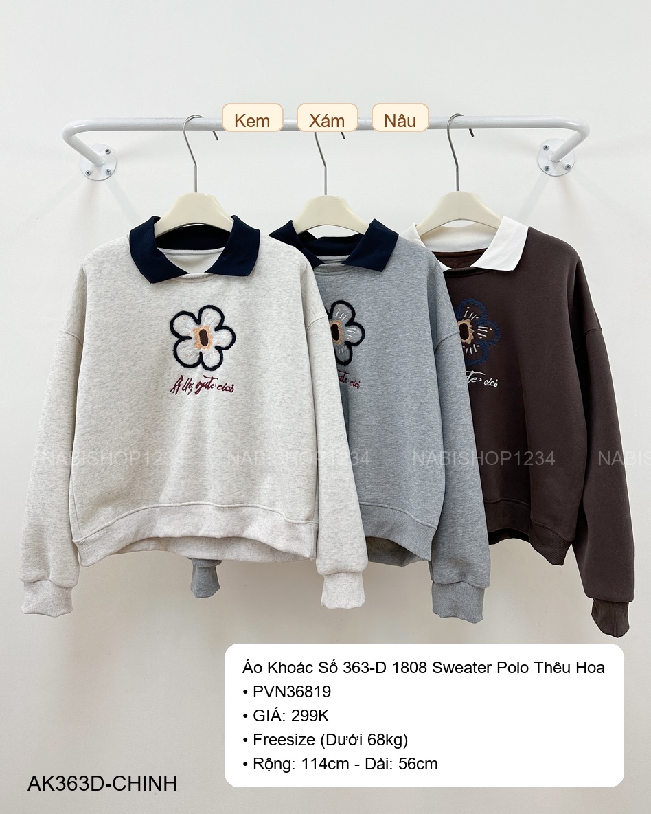 (G30K) Áo Khoác Số 363-D 1808 Sweater Polo Thêu Hoa
