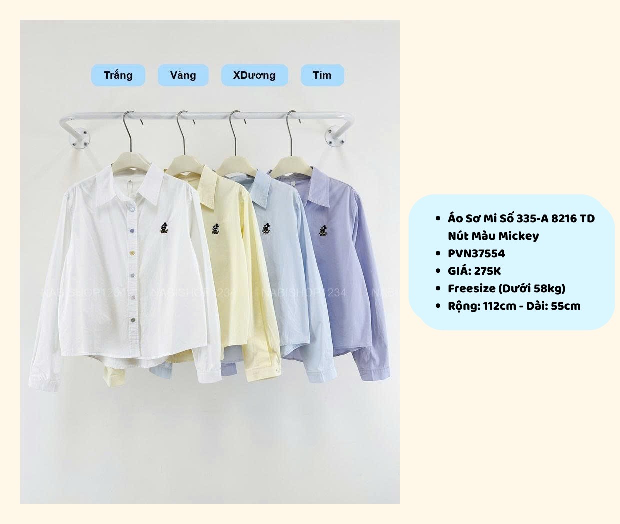 Áo Sơ Mi Số 335-A 8216 TD Nút Màu Mickey