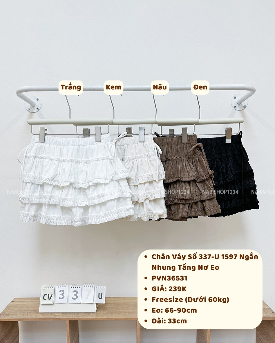 Chân Váy Số 337-U 1597 Ngắn Nhung Tầng Nơ Eo