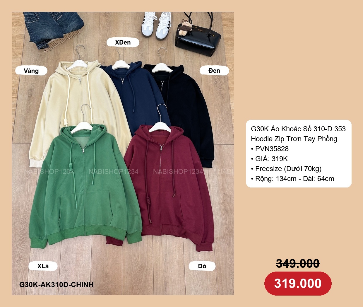 G30K Áo Khoác Số 310-D 353 Hoodie Zip Trơn Tay Phồng