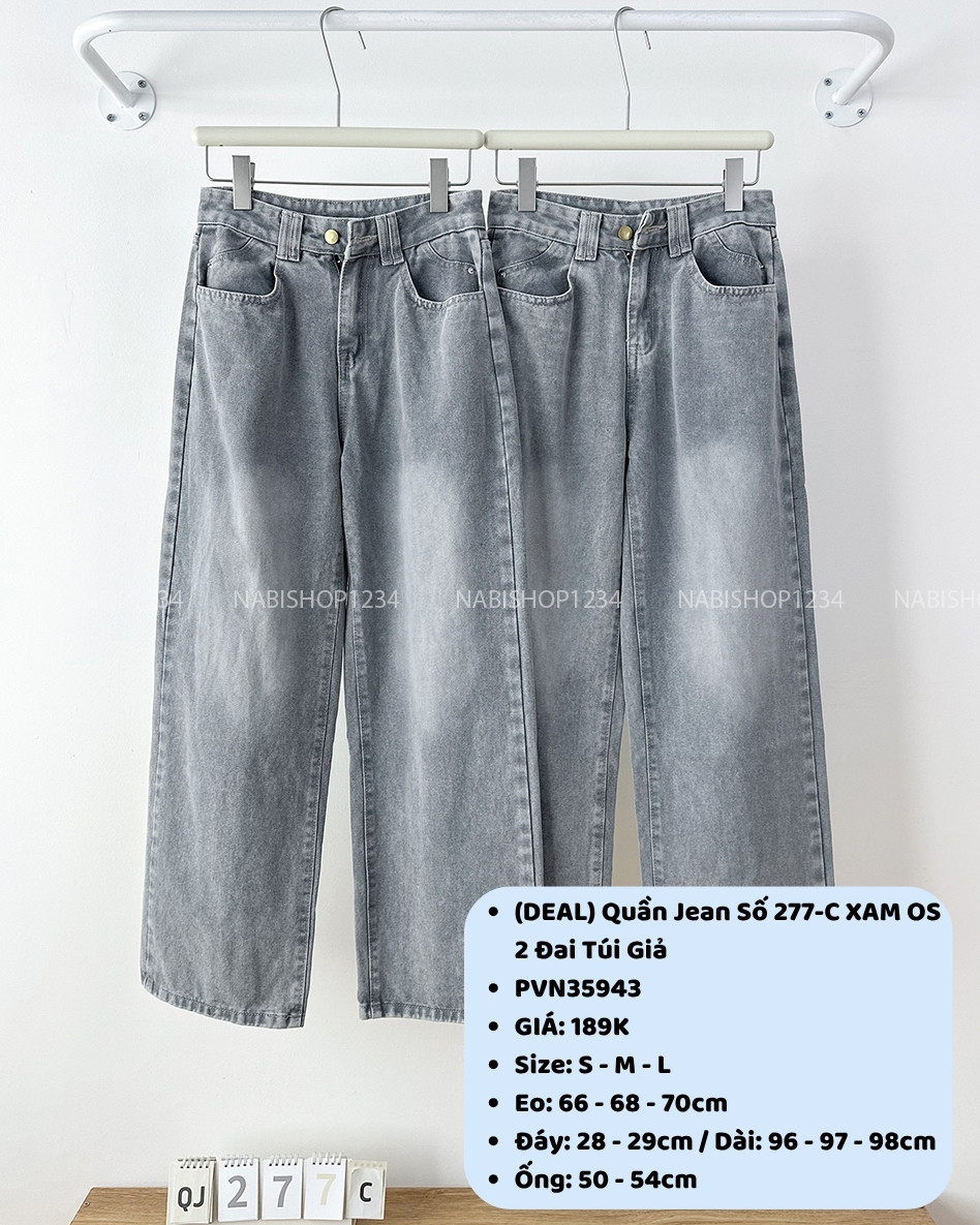 (DEAL) Quần Jean Số 277-C XAM OS 2 Đai Túi Giả
