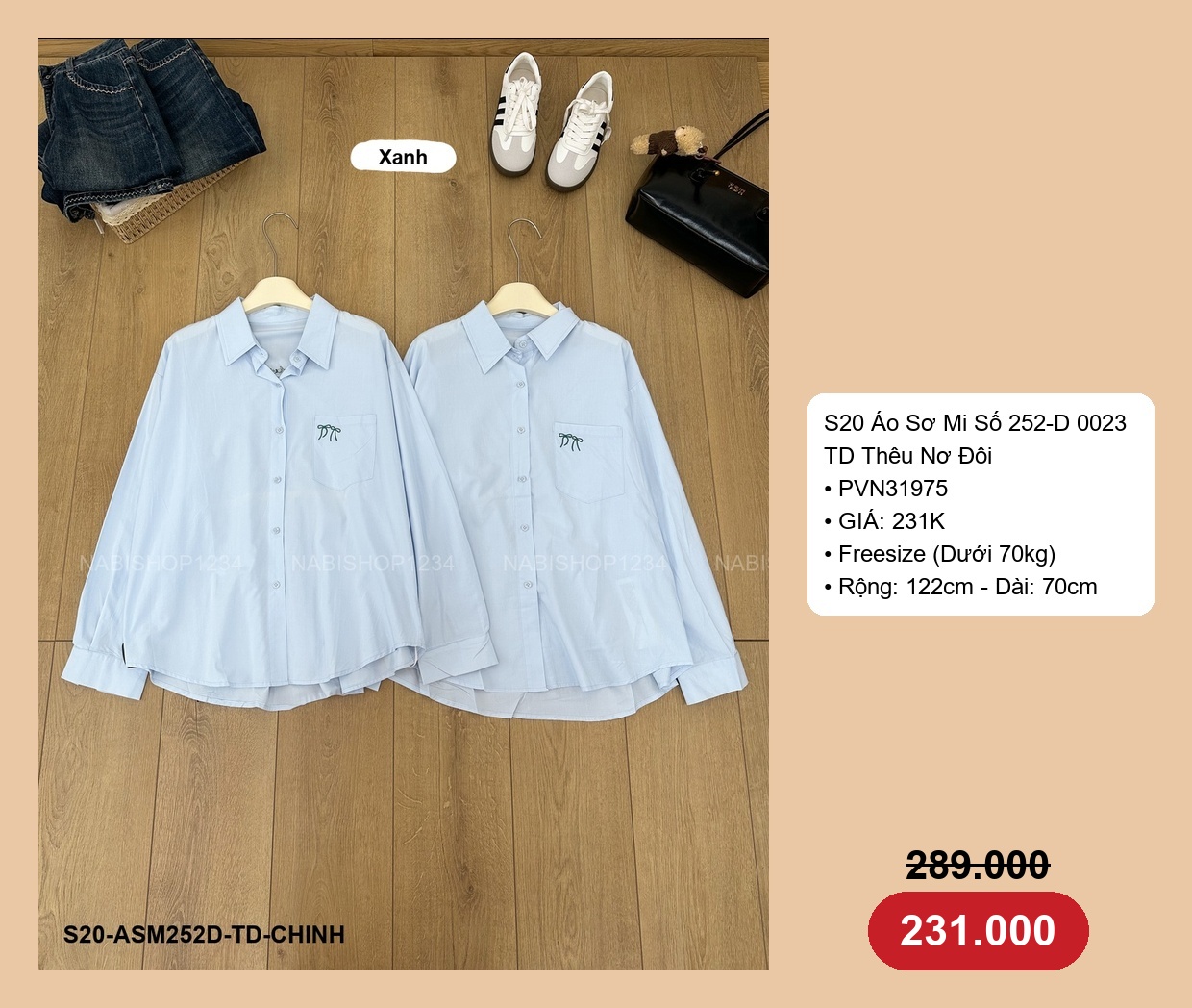 S20 Áo Sơ Mi Số 252-D 0023 TD Thêu Nơ Đôi