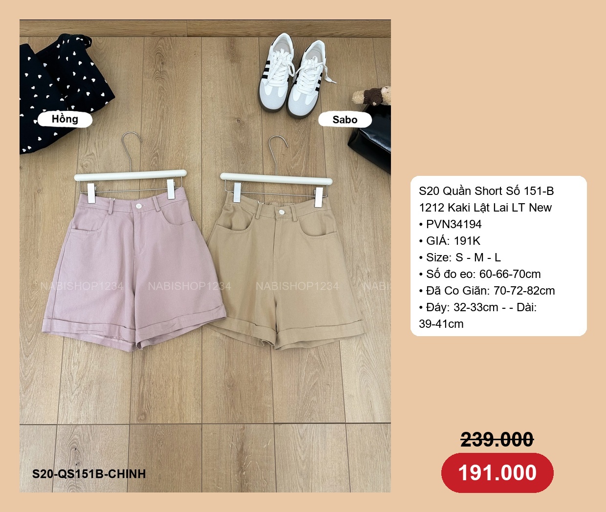 S20 Quần Short Số 151-B 1212 Kaki Lật Lai LT New