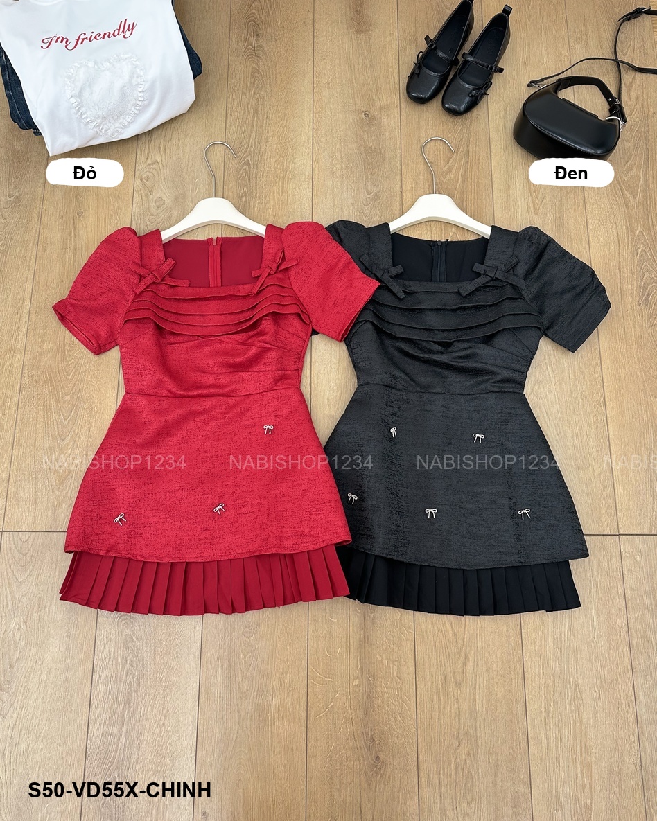 S50 Váy Số 55- X Xếp Ngực Đính Nơ 68/75