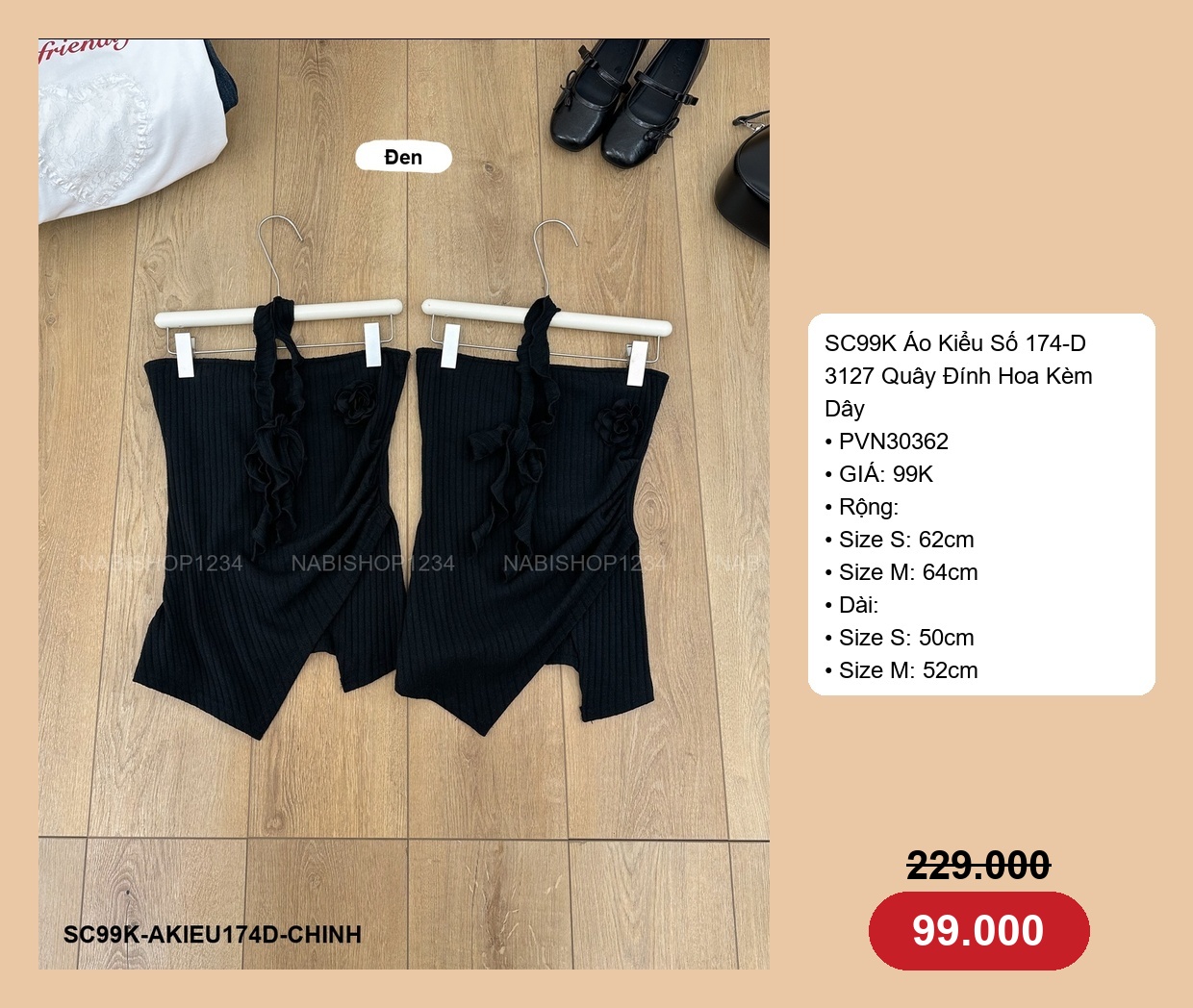 SC99K Áo Kiểu Số 174-D 3127 Quây Đính Hoa Kèm Dây