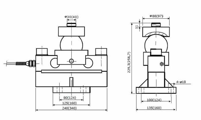 Bản vẽ cắt kỹ thuật của Loadcell QSA 30T và các thông số chi tiết. 