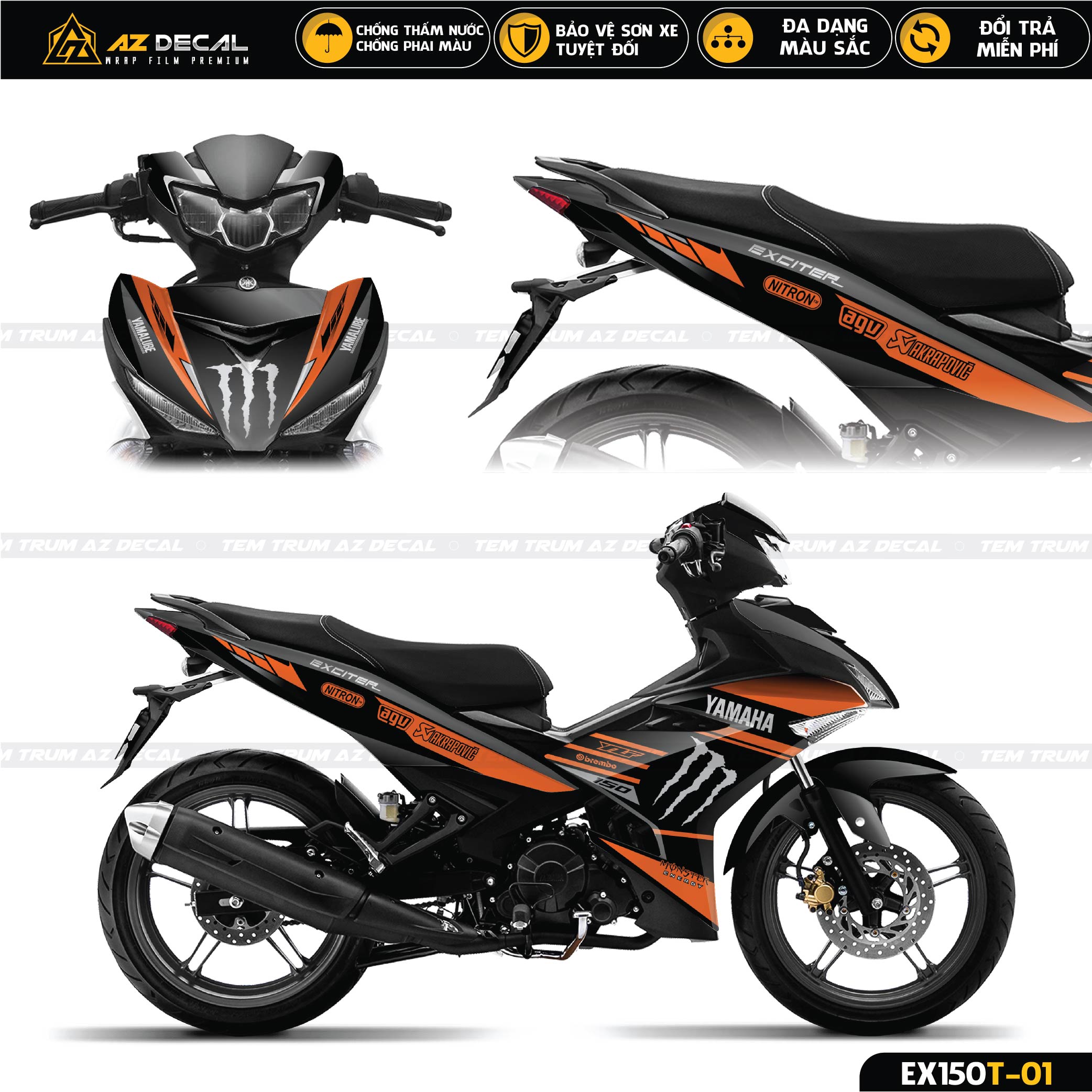 DECAL TEM EXCITER 150 XÁM CAM ĐEN Y15 ZR