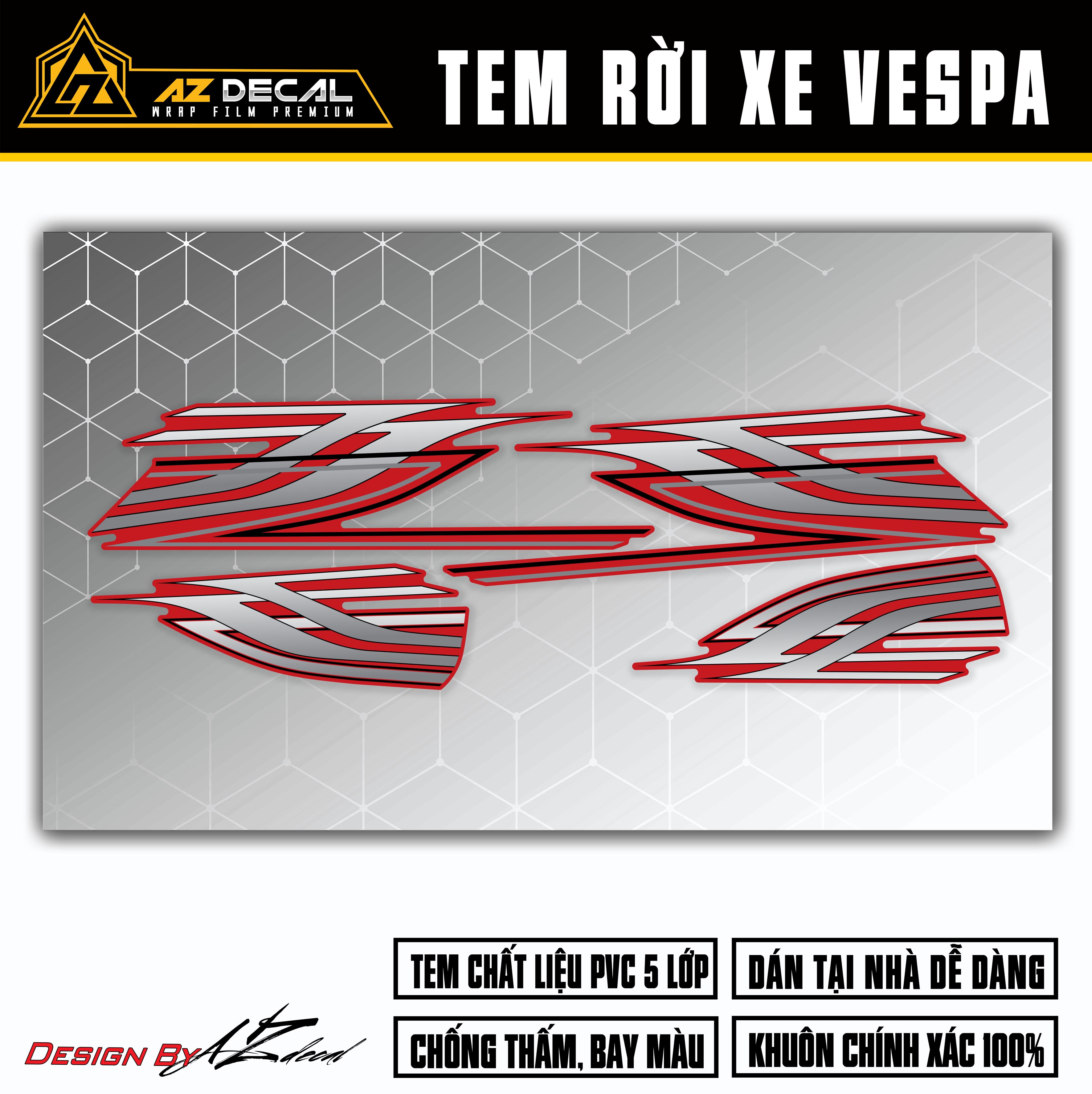 Tem chế Vespa thiết kế hiện đại màu trắng đen (nền đỏ)