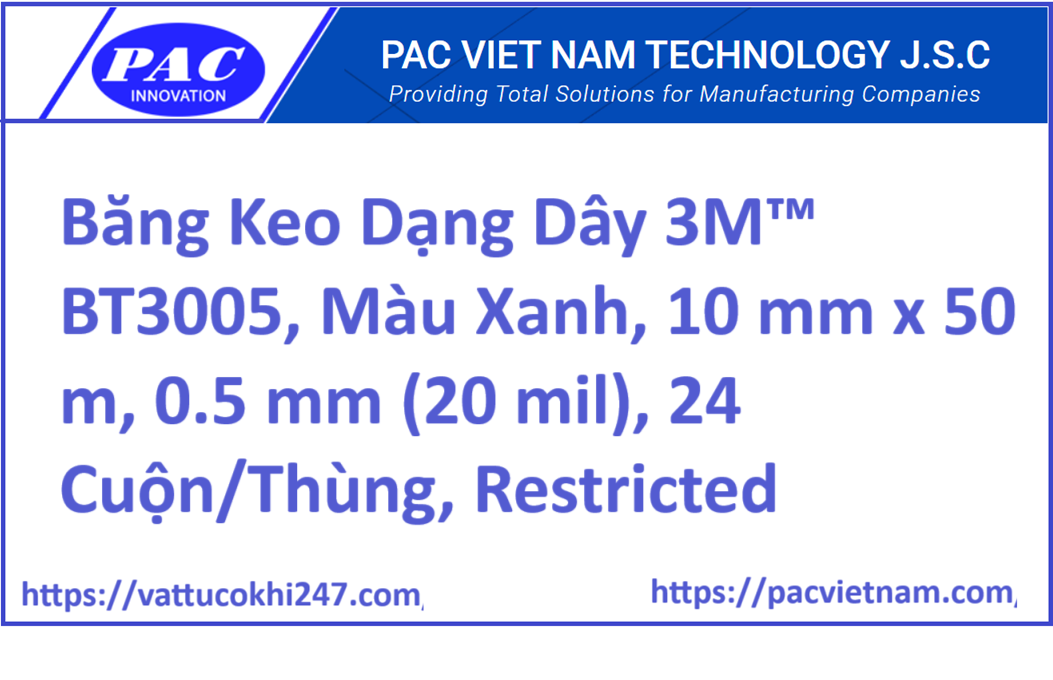 Băng Keo Dạng Dây 3M™ BT3005, Màu Xanh, 10 mm x 50 m, 0.5 mm (20 mil), 24 Cuộn/Thùng, Restricted