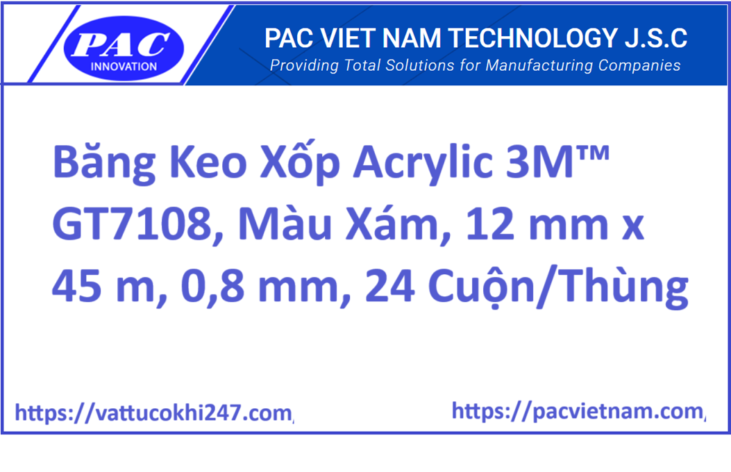 Băng Keo Xốp Acrylic 3M™ GT7108, Màu Xám, 12 mm x 45 m, 0,8 mm, 24 Cuộn/Thùng