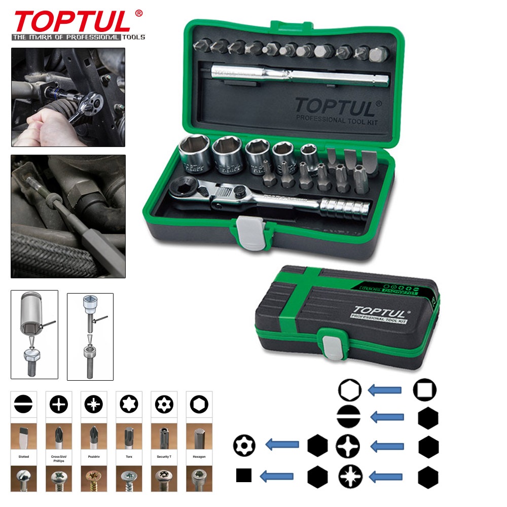 Bộ đầu tuýp và đầu vặn vít 1/4" Dr. Toptul GADW2701 27 chi tiết