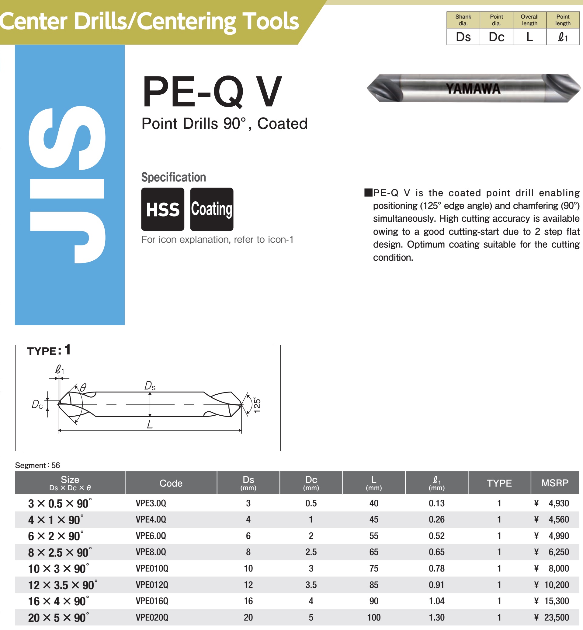 Mũi khoan tâm, vát cạnh, vát lỗ, chạy rãnh V 90 độ Yamawa PE-Q V