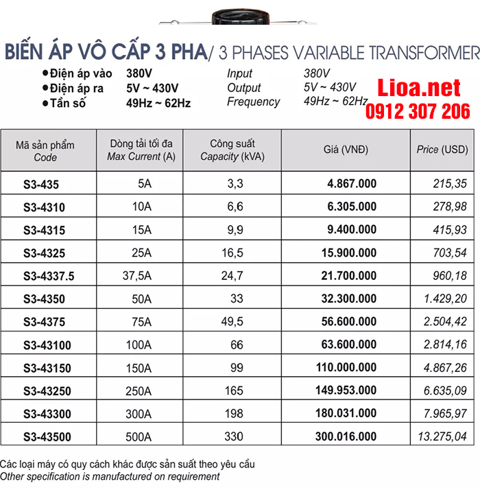 BIẾN ÁP VÔ CẤP 3 PHA 6,6KVA-10A