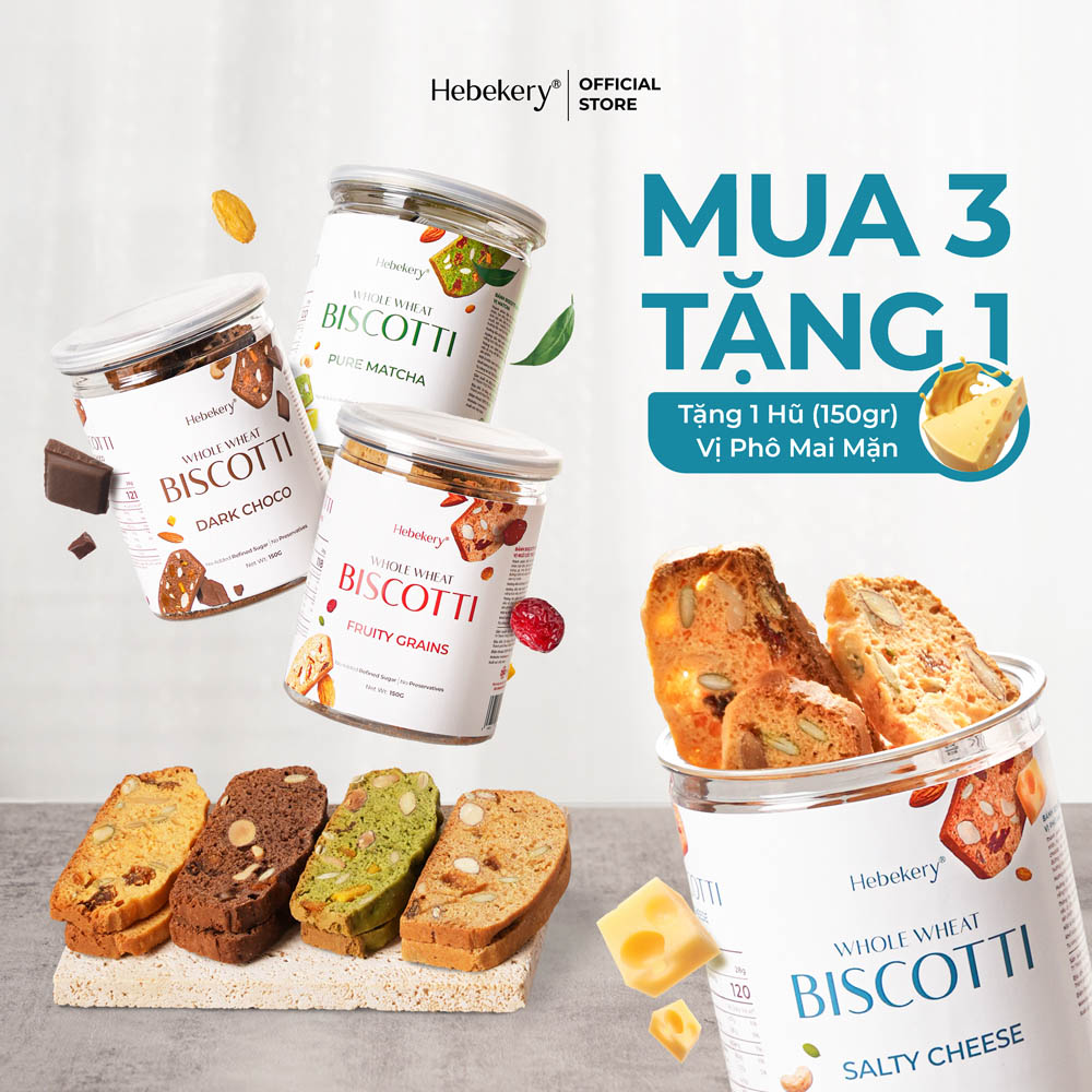 [Hũ 150gr] Biscotti Nguyên Cám Low Calories 4 Vị Hebekery Bánh Ngũ Cốc Nướng Ăn Kiêng Lành