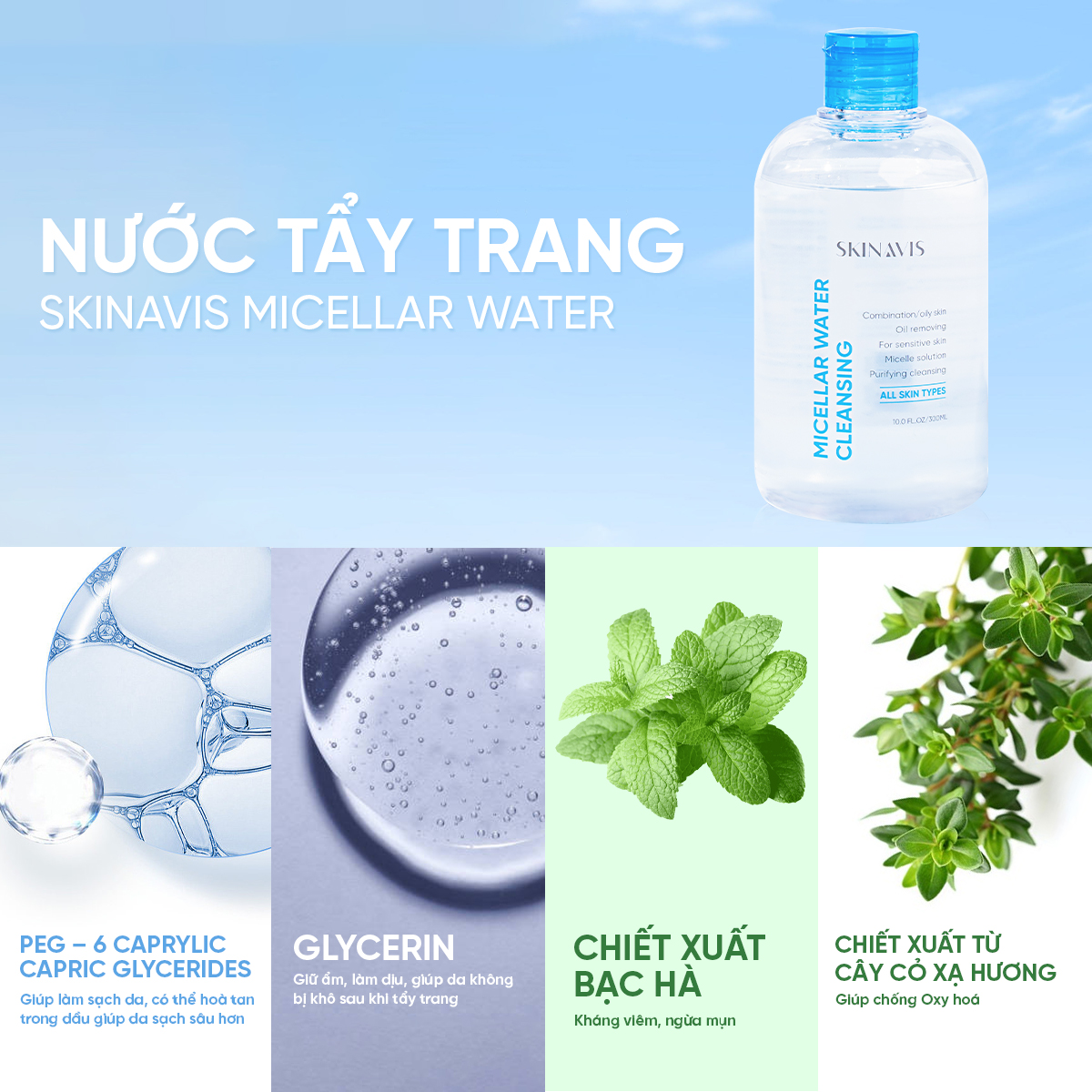 Skinavis Micellar Water: Nước Tẩy Trang Dịu Nhẹ - Sạch Sâu & Không Gây Khô Da