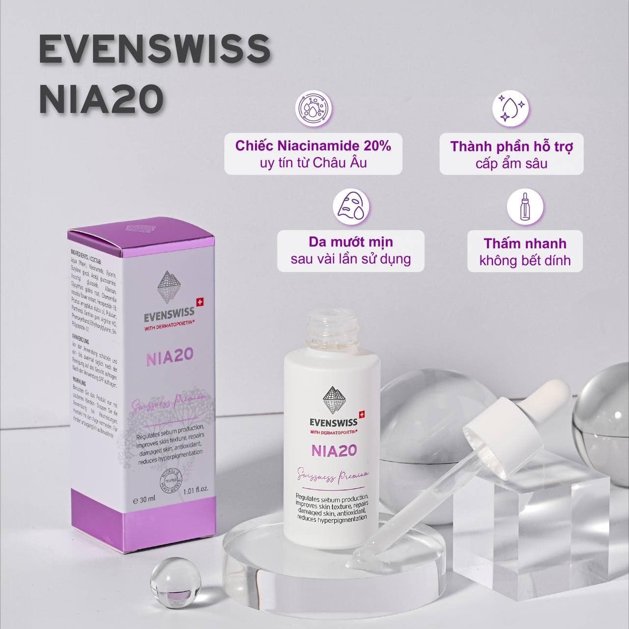 EVENSWISS NIA20 / TINH CHẤT CHỐNG LÃO HÓA, ĐIỀU TIẾT BÃ NHỜN(hàng cty phân  phối) | Pharma Cosmetics