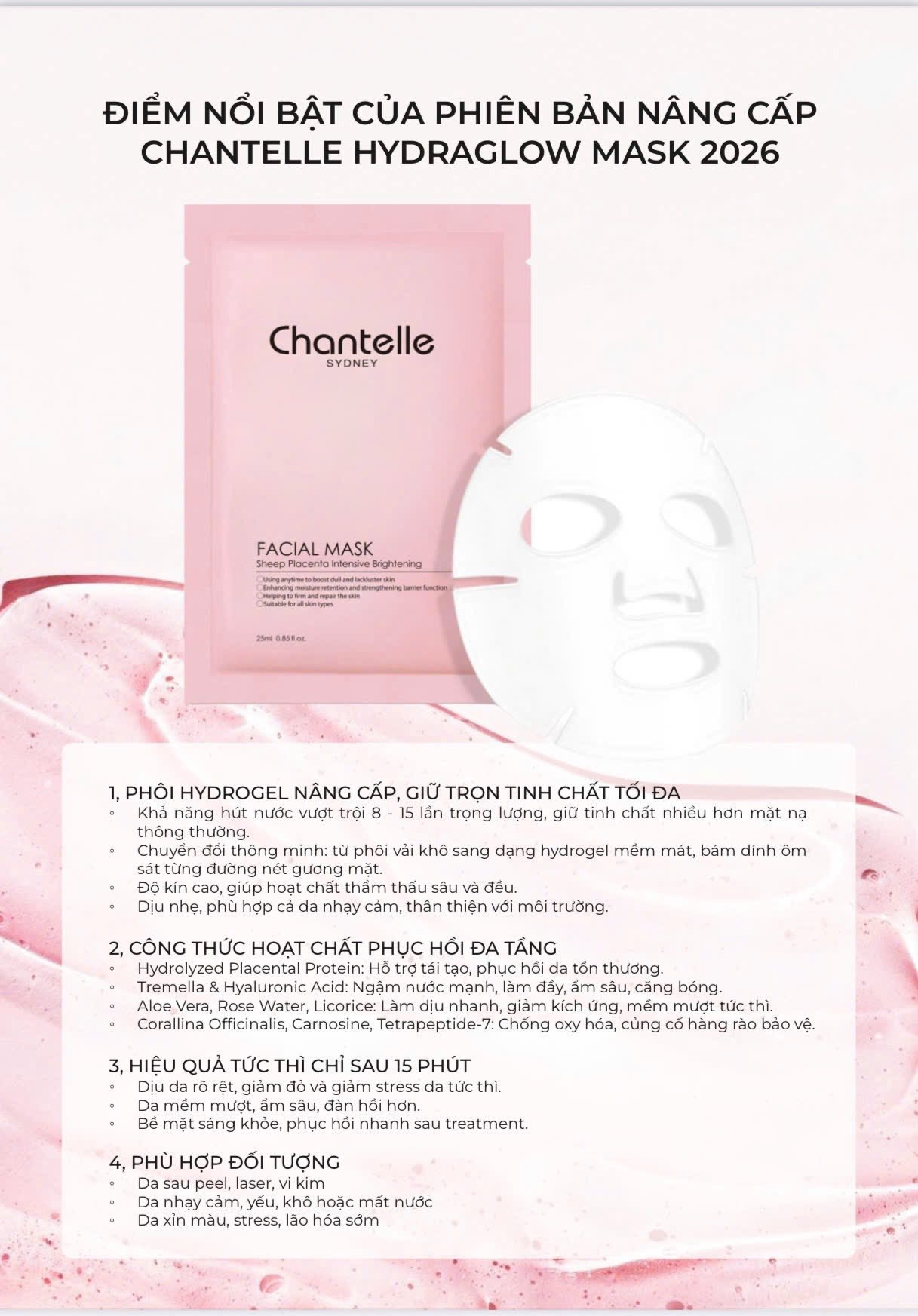 Chantelle Hydraglow Mask – Mặt Nạ Nhau Thai Cừu Phục Hồi & Trẻ Hóa Da Cấp Độ Tế Bào