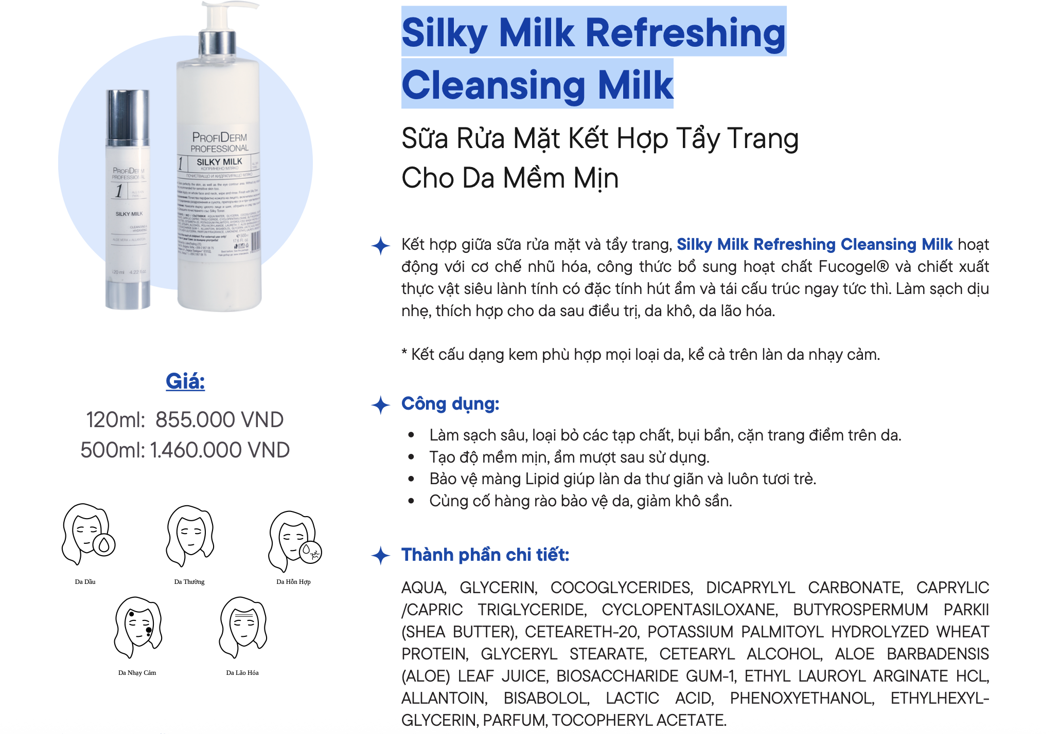 Profiderm Professional Silky Milk Refreshing Cleansing Milk: Sữa Rửa Mặt Kết Hợp Tẩy Trang 2 Trong 1 Cho Làn Da Mềm Mịn