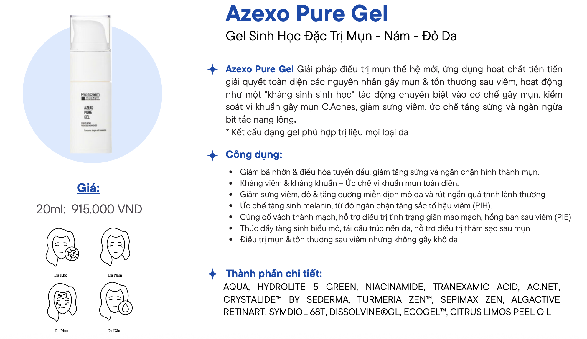 PROFIDERM AZEXO PURE GEL: Gel Đặc Trị Mụn & Sắc Tố - Kháng Khuẩn, Phục Hồi & Làm Sáng Da Đột Phá