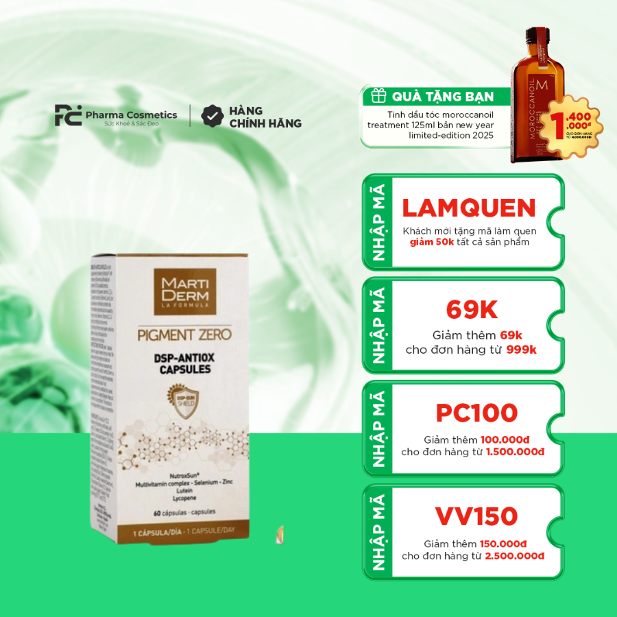 MARTIDERM PIGMENT ZERO DSP ANTIOX CAPSULES / VIÊN UỐNG CHỐNG NẮNG THUẦN CHAY ( PHIÊN BẢN MỚI)