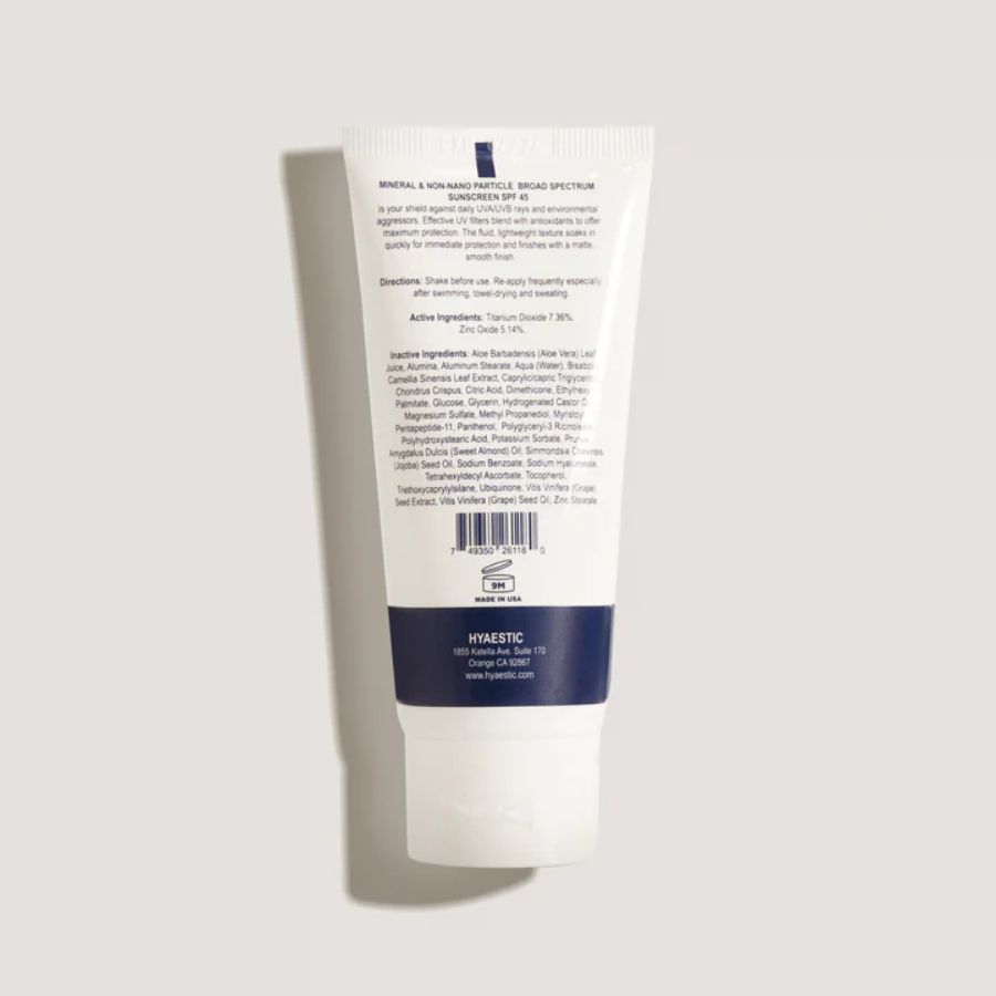 HYAESTIC MINERAL & NON-NANO PARTICLE BROAD SPECTRUM SUNSCREEN SPF 45: Kem Chống Nắng Dưỡng Ẩm Ngăn Ngừa Tổn Thương