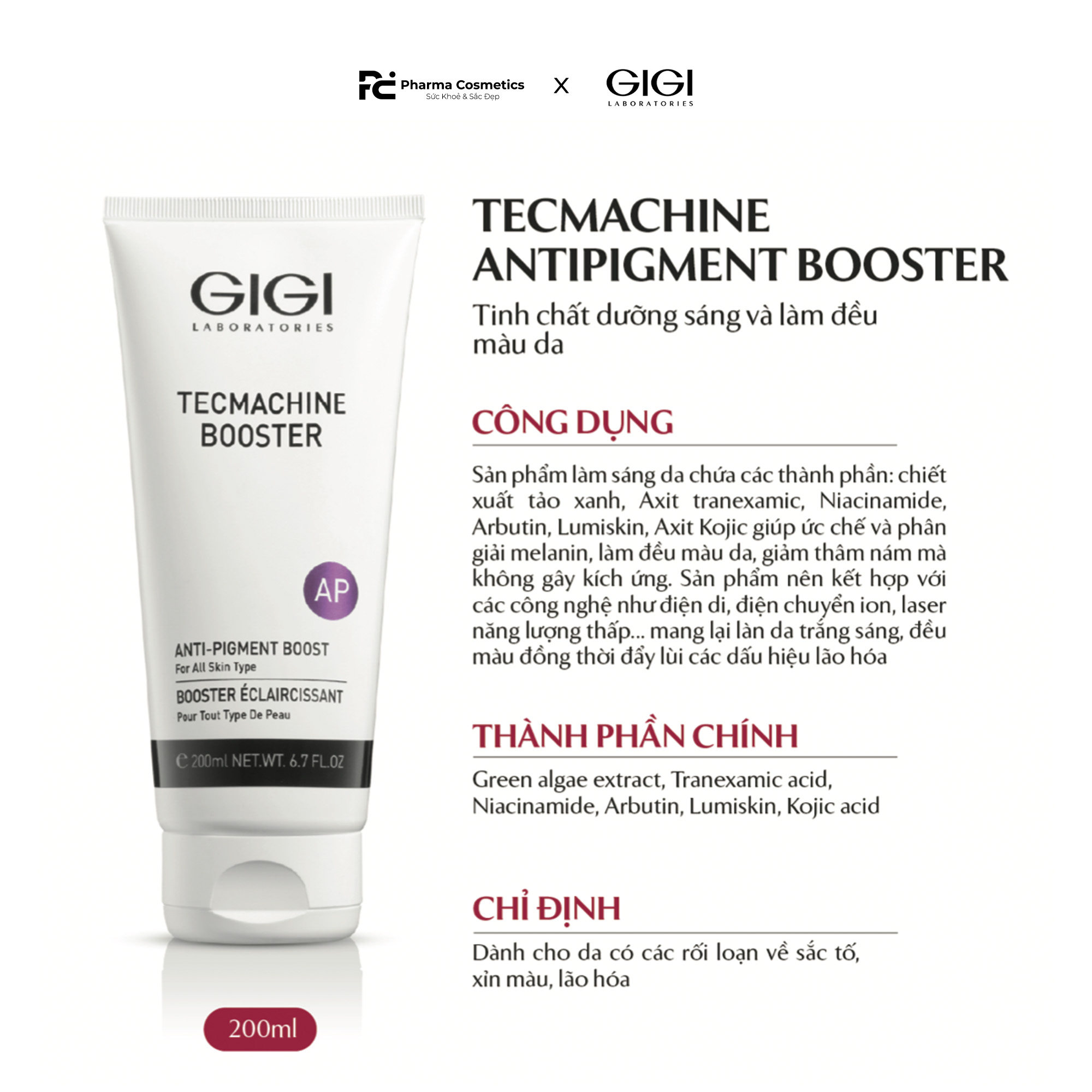 GIGI TECMACHINE ANTIPIGMENT BOOSTER / TINH CHẤT LÀM MỜ SẮC TỐ, LÀM SÁNG, ĐỒNG ĐỀU MÀU DA KẾT HỢP TRONG LIỆU TRÌNH CHUYÊN SÂU ĐIỆN DI, SIÊU ÂM 