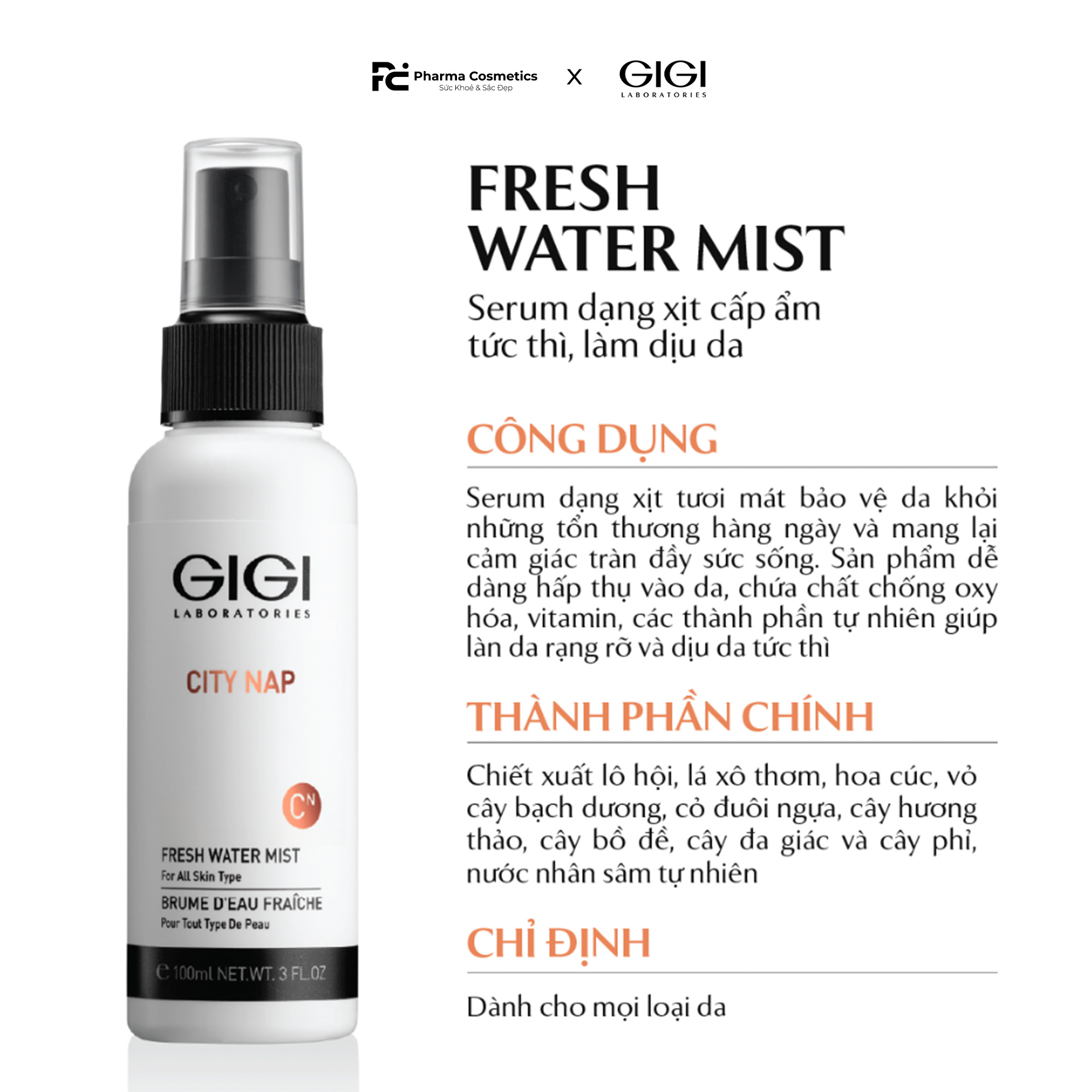 GIGI CITY NAP FRESH WATER MIST / SERUM DẠNG XỊT CẤP ẨM TỨC THÌ, LÀM DỊU DA 