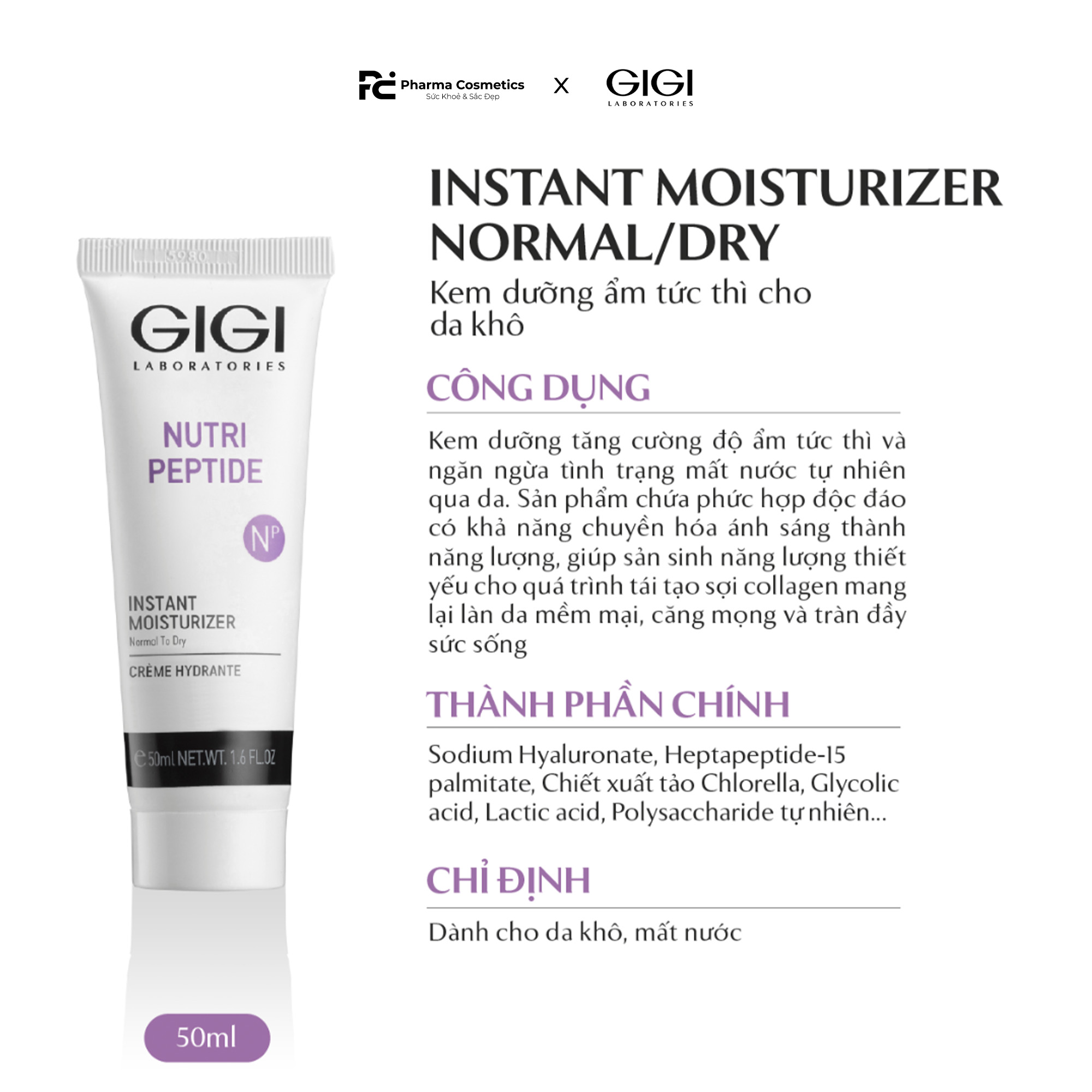 GIGI NUTRI PEPTIDE INSTANT MOISTURIZER NORMAL/OILY / KEM DƯỠNG CẤP ẨM TỨC THÌ, LÀM SÁNG DA, TĂNG CƯỜNG ĐỘ ĐÀN HỒI CHO DA THƯỜNG ĐẾN DA DẦU  