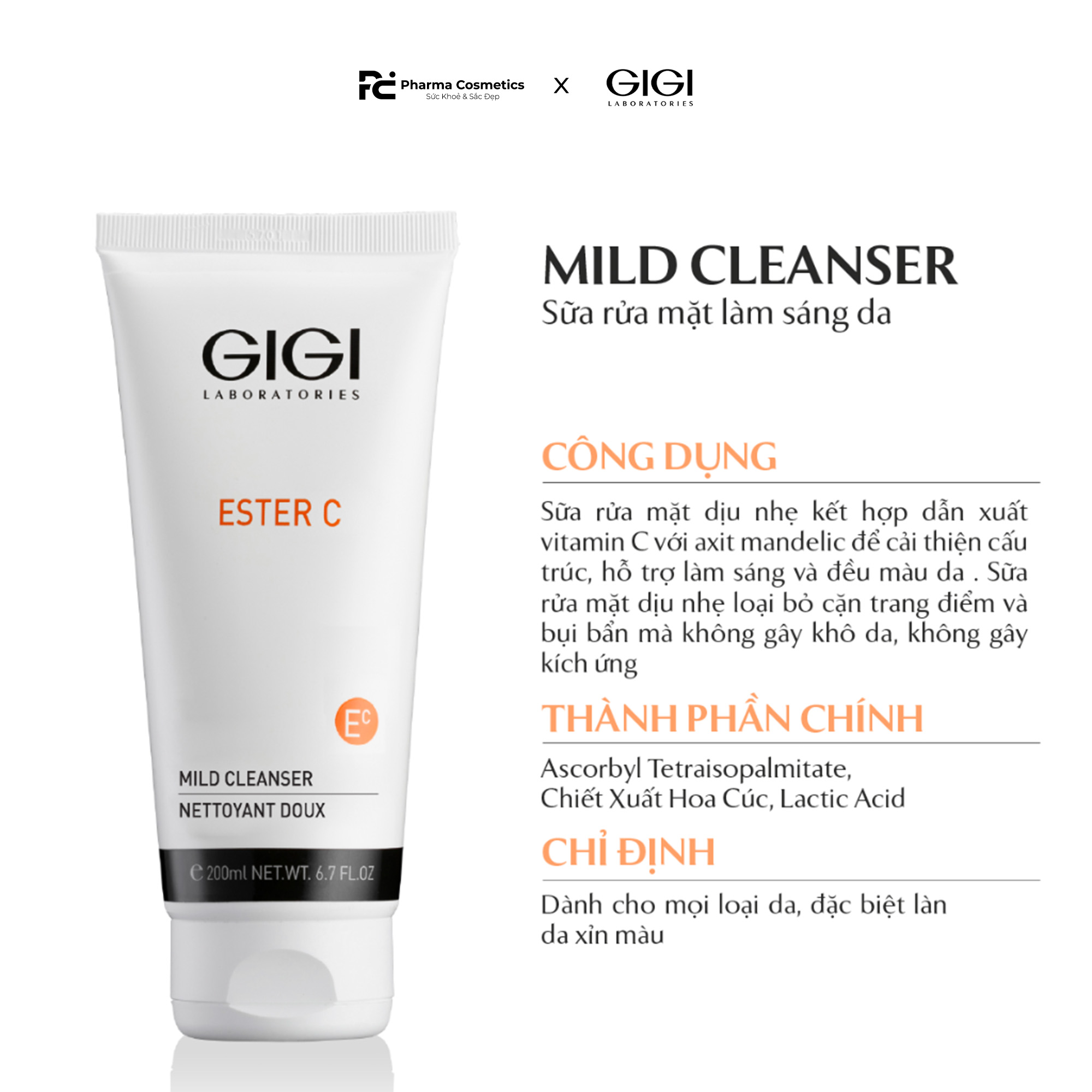 GIGI ESTER C MILD CLEANSER / SỮA RỬA MẶT DƯỠNG SÁNG, MỜ THÂM CHO DA 