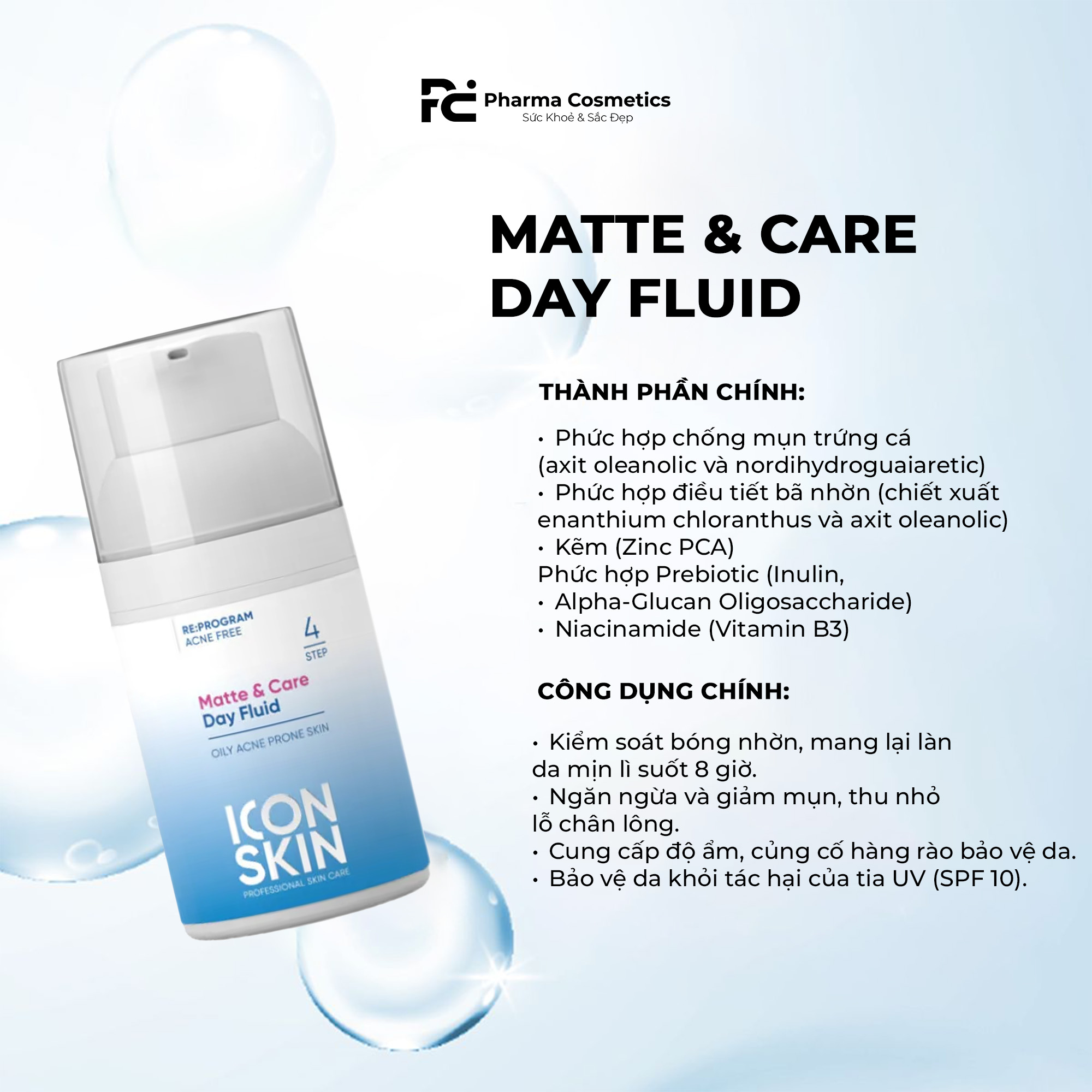 ICON SKIN NIGHT MIRACLE MURRITI - ACID SERUM và MATTE & CARE DAY FLUID : Cặp Đôi Đặc Trị Mụn Ngày Đêm - Thanh Lọc & Kiểm Soát Dầu Nhờn Toàn Diện