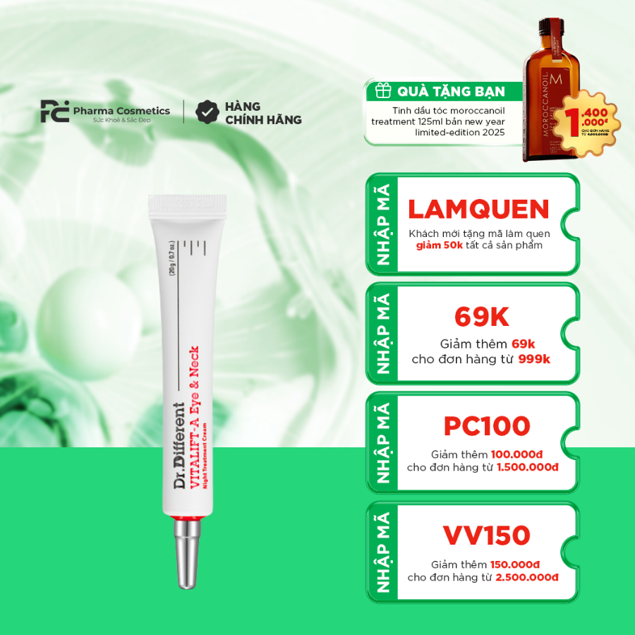 ( DATE 4/2026 ) DR.DIFFERENT VITALIFT-A EYE & NECK / KEM DƯỠNG CHỐNG LÃO HÓA, MỜ NẾP NHĂN, TRỊ THÂM VÙNG DA CỔ & MẮT