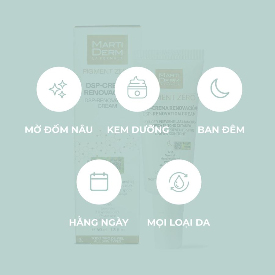 MARTIDERM PIGMENT ZERO DSP RENOVATION CREAM KEM ĐÊM LÀM SÁNG DA, MỜ SẮC TỐ, DUY TRÌ SAU HYDROQUINONE