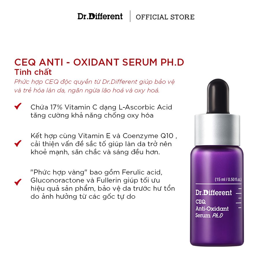 DR.DIFFERENT CEQ ANTI-OXIDANT SERUM PH.D / TINH CHẤT PHÚC HỢP CHỐNG OXY HÓA – LÃO HÓA, SÁNG DA, MỜ THÂM